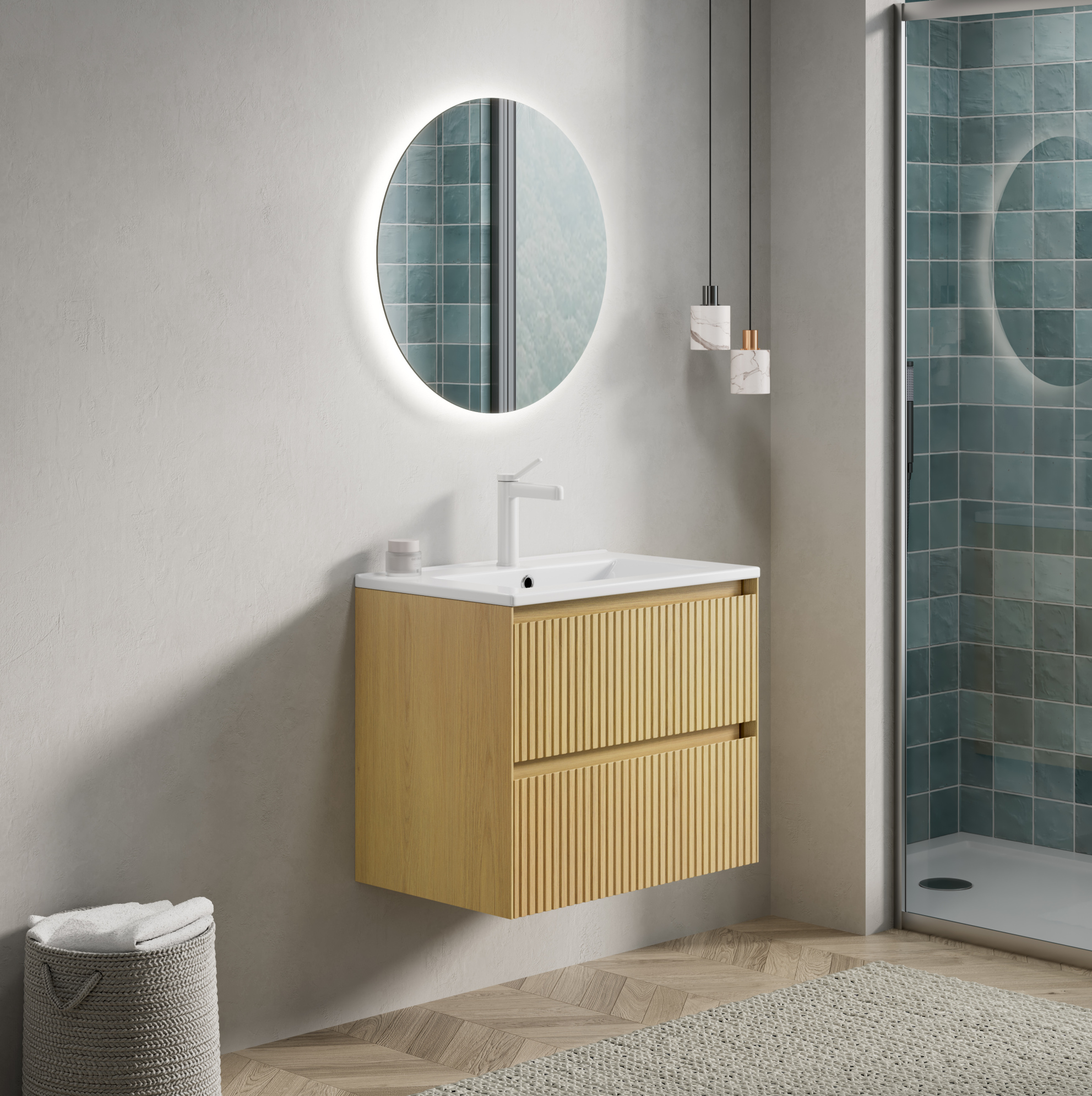 Badmöbel 61 Cm Mit Weißem Rechteckigem Keramikwaschbecken Und 2 Schubladen In Holzoptik