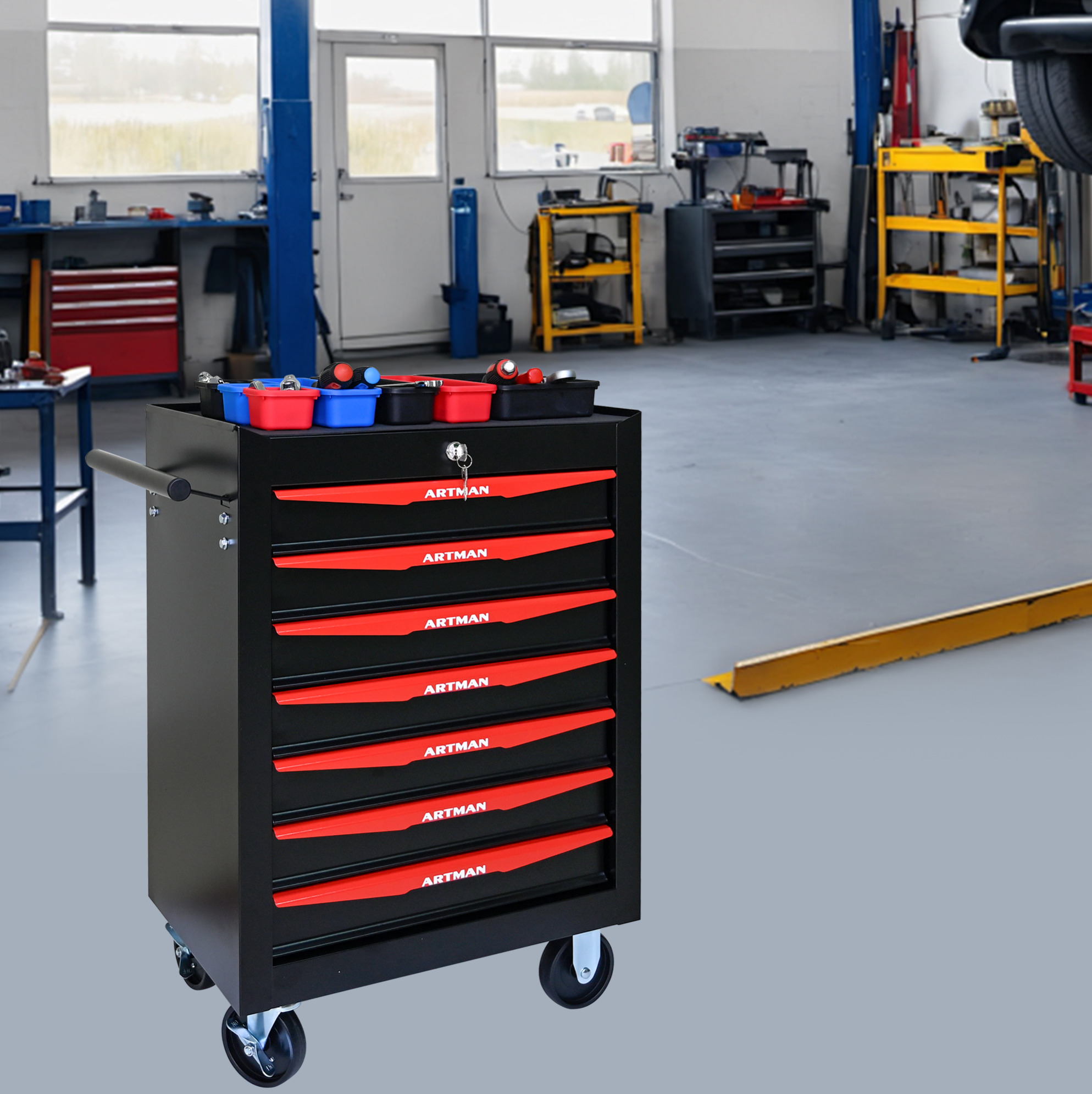 Metall-werkzeugwagen Mit 7 Schubladen Und Rollen, Stahl Schwarz-rot, 52,5 Cm