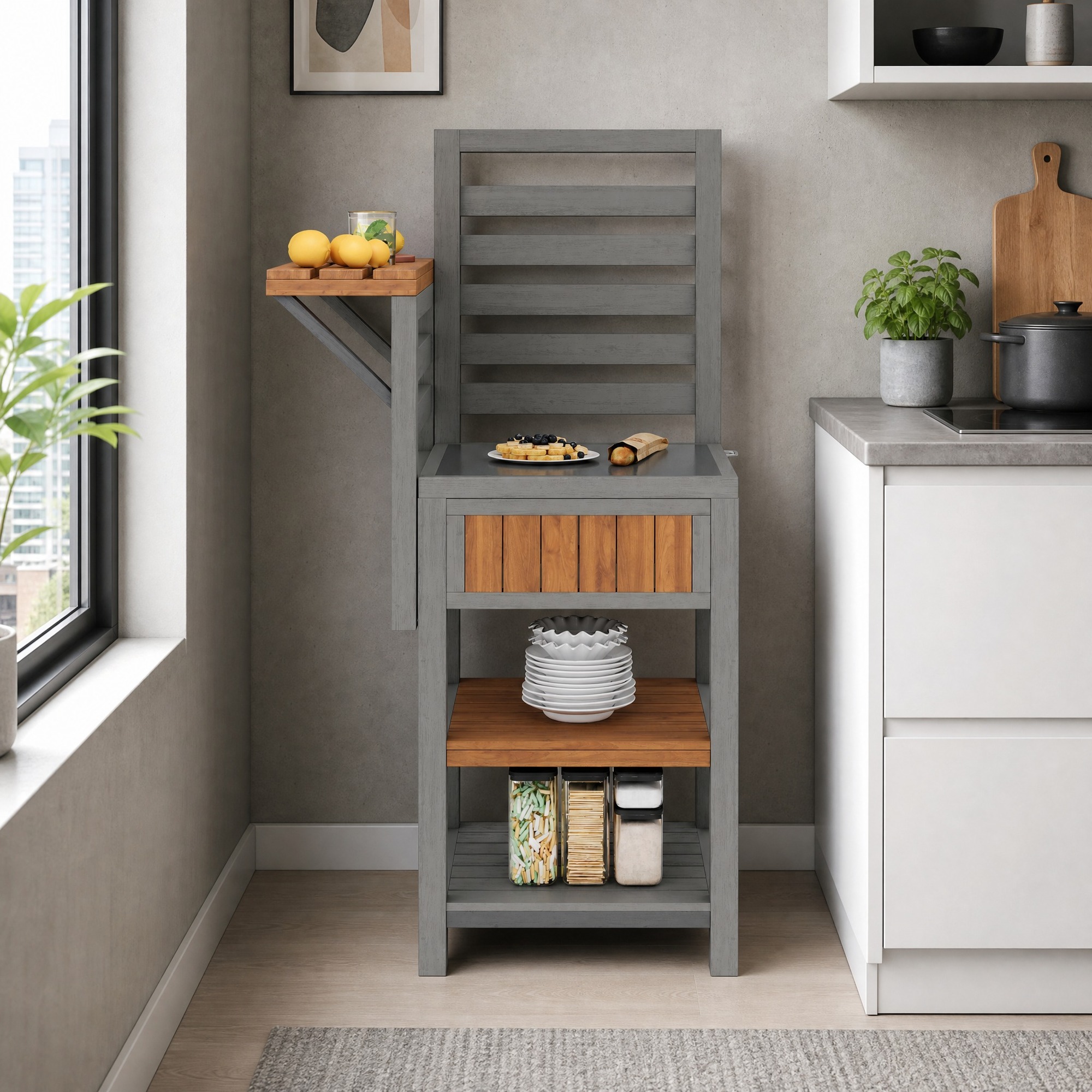 Garten-holzschrank Mit Edelstahl-arbeitsplatte Und Doppelregal