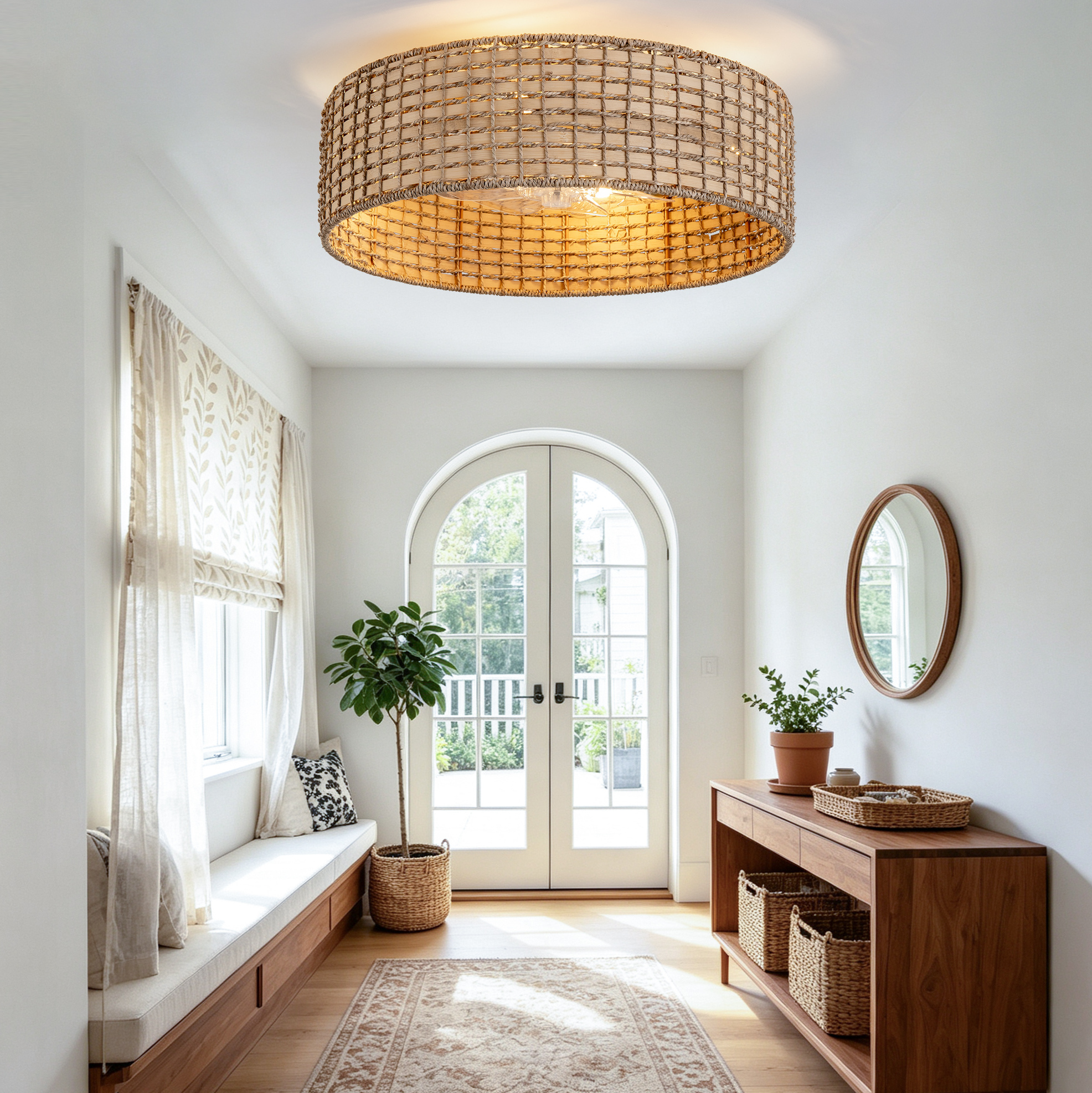 Deckenventilator Mit Rattanlampe, 19 Zoll, 6 Geschwindigkeiten, Reversibel, Fernbedienung