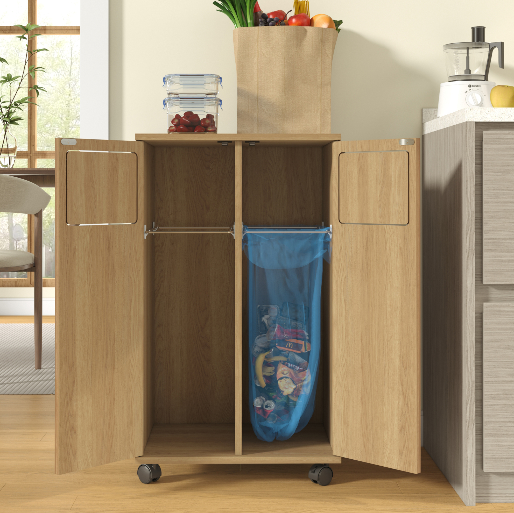 Mülleimerschrank Mit 2 Fächern Und Rollen, Eichenoptik, Mdf, 46,7 X 35 X 80,3 Cm, Okwish