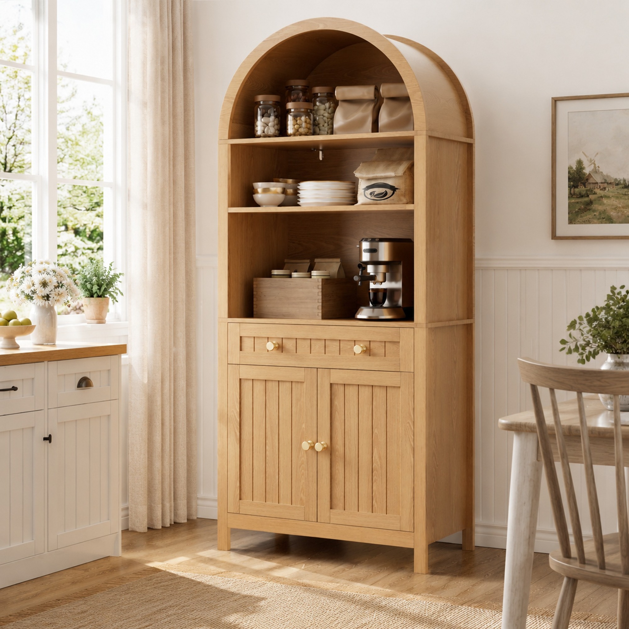 Hoher Aufbewahrungsschrank Mit Bogen 76 X 40 X 180 Cm Aus Mdf Und Spanplatte, Natur