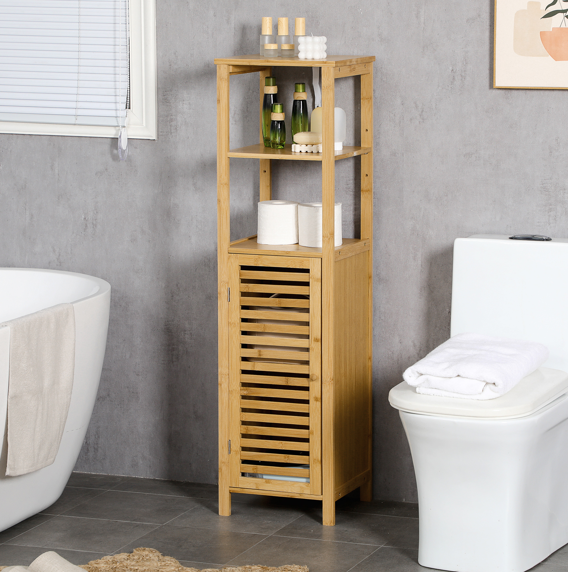 Badezimmerschrank Aus Bambus Mit 2 Offenen Ablagen Und Schrankfach, 32,9 X 29,9 X 120 Cm, Natur