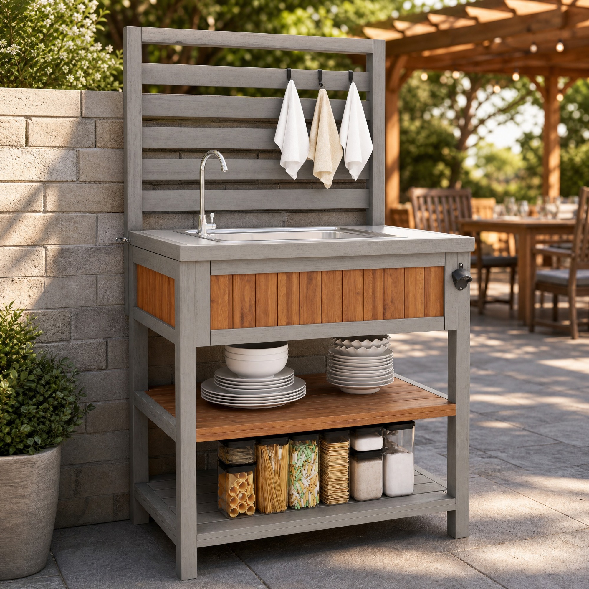 Okwish Outdoor-schrank Mit Spüle, Wasserhahn, Flaschenöffner Und Verstellbaren Holzablagen