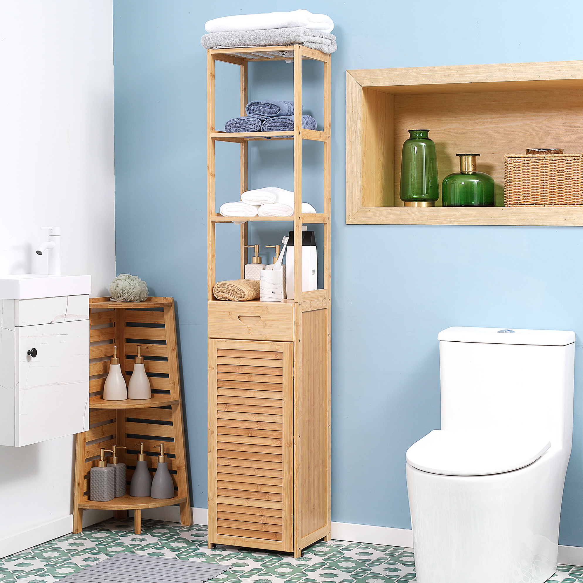 Schmaler Badezimmerschrank Aus Bambus Mit 3 Ablagen, Schublade Und Lamellentür, 32 X 30 X 163 Cm