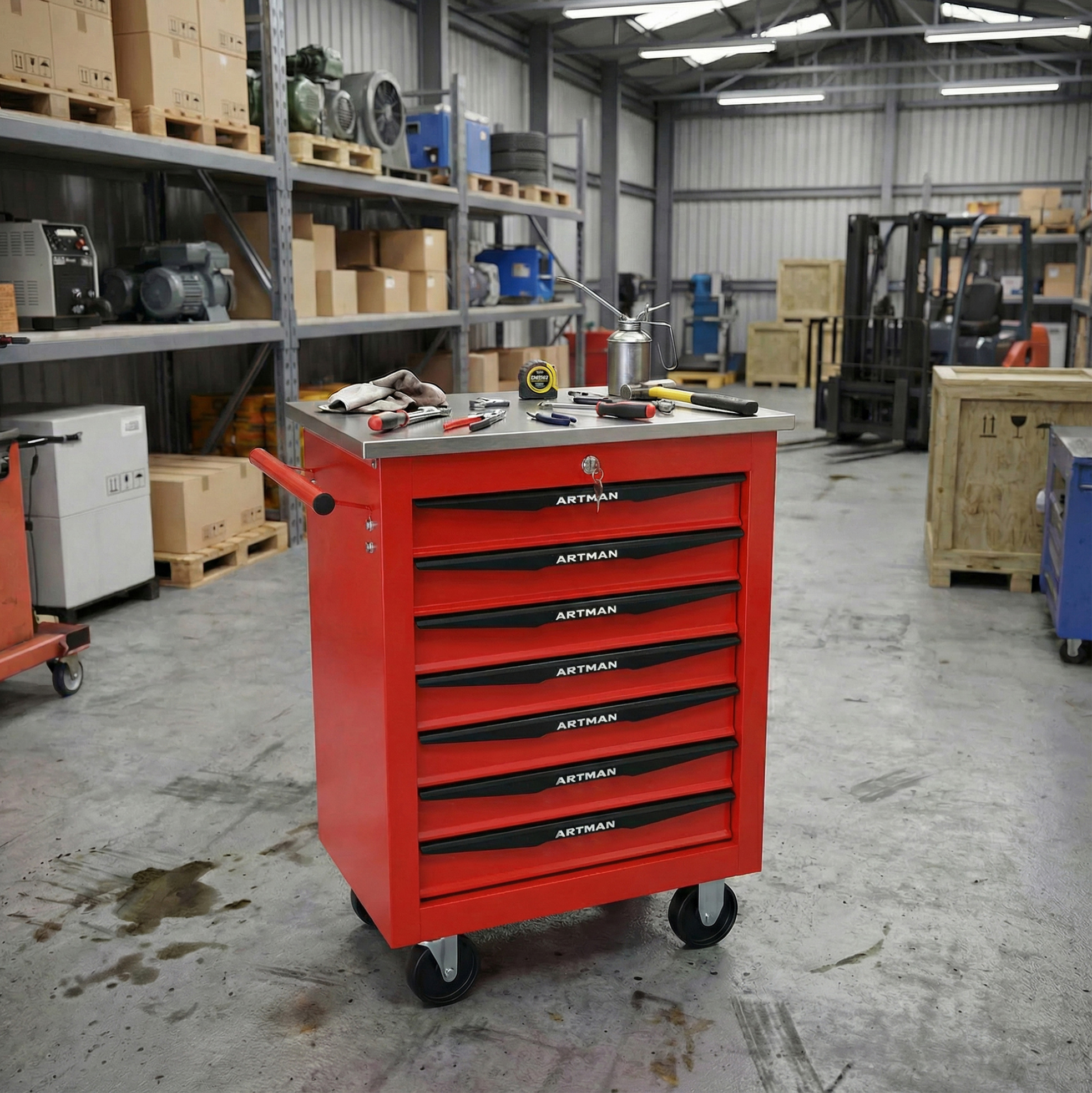 Mobiler Werkzeugwagen Mit 7 Schubladen Und Edelstahlplatte, 62,5 X 34,5 X 78 Cm, Rot/schwarz