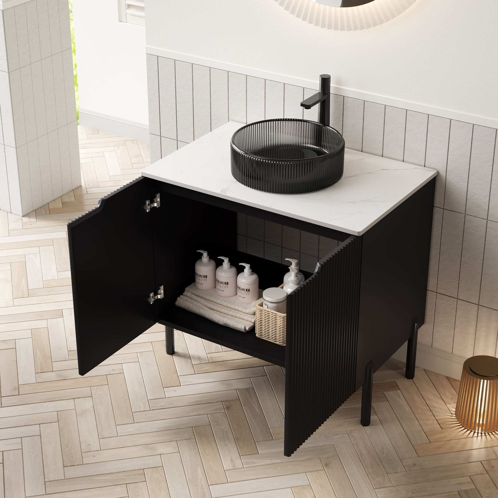 76 Cm Badezimmer-unterschrank Mit Rundem Waschbecken Aus Schwarzem Glas Und Weißer Sintersteinplatte