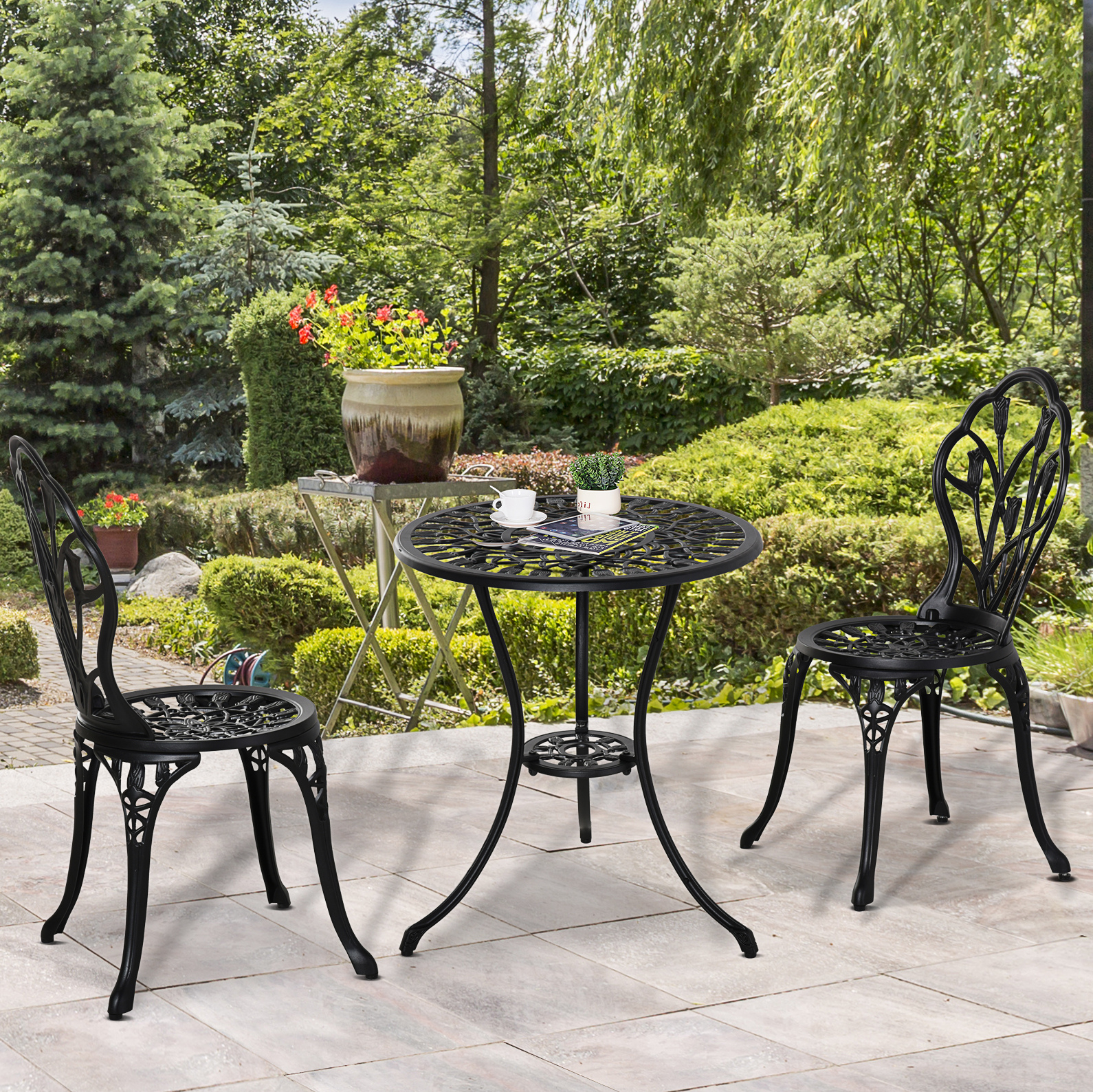 Schwarzes Aluminium-garten-bistroset Mit Tisch Und 2 Klappstühlen