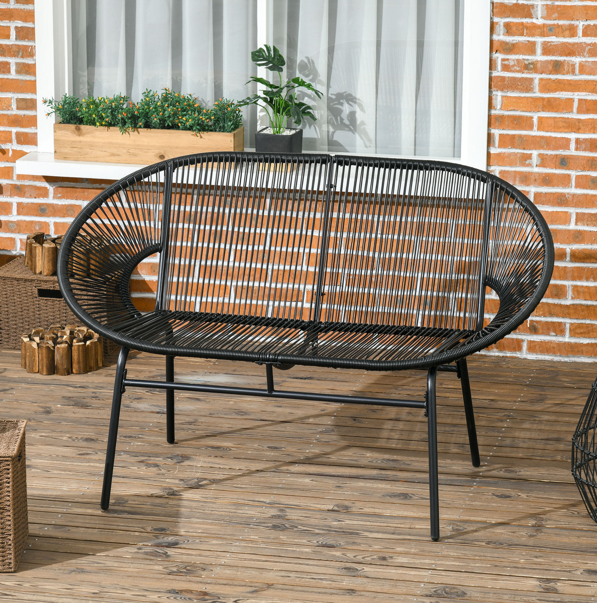 2-sitzer-gartenbank Aus Schwarzem Polyrattan Mit Stahlgestell, 132 X 72 X 83 Cm, 260 Kg