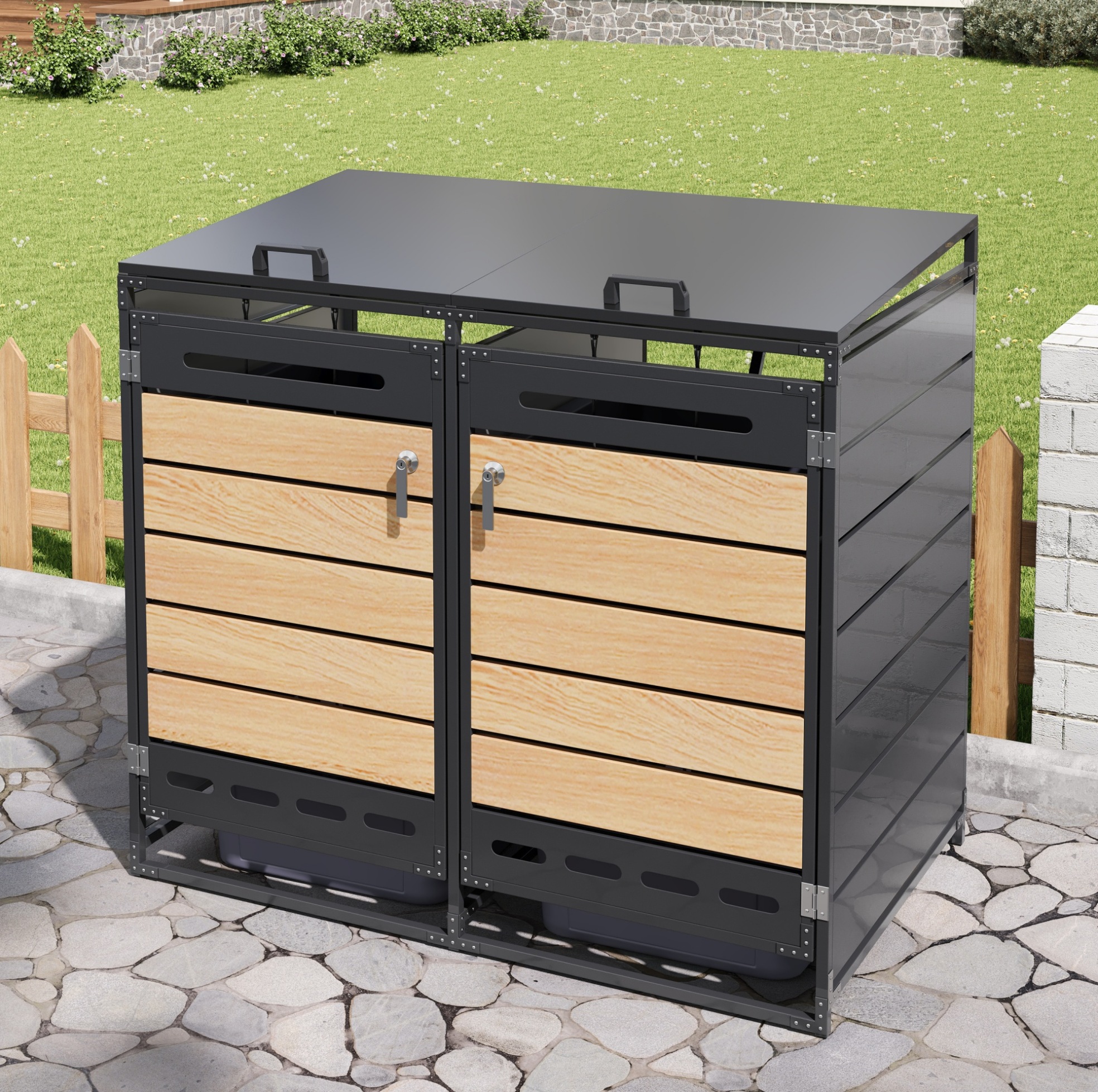 Mülltonnenbox Mit 2 Fächern Aus Schwarzem Eisen Mit Hydraulischem Deckel