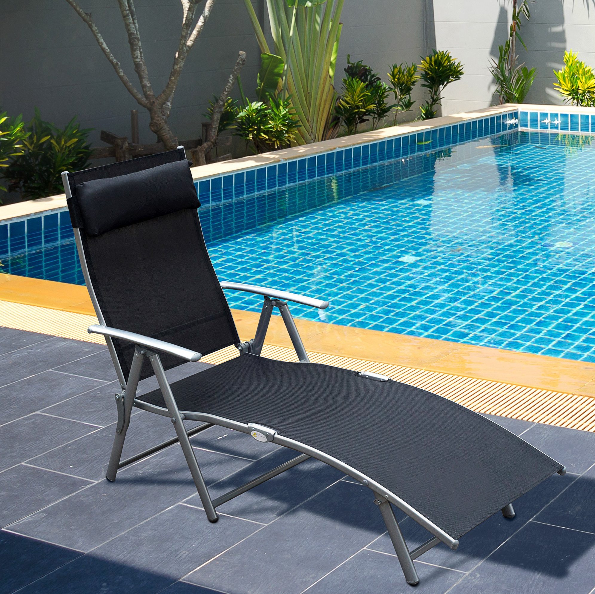 Klappbare Gartenliege Mit Kissen, Metall Und Schwarzem Texteline, 137 X 63,5 X 100,5 Cm