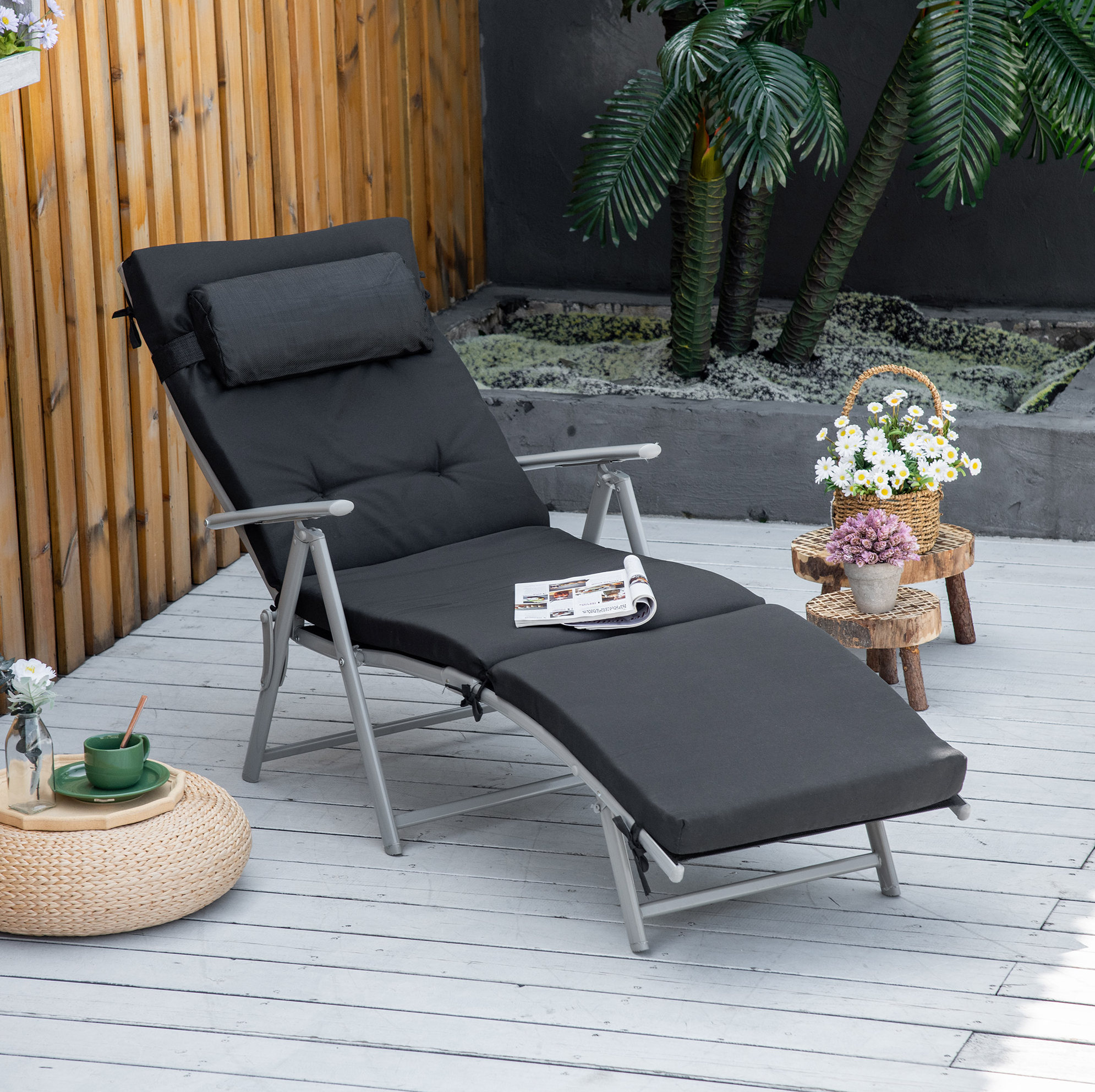 Klappbare Strandliege Mit 7 Positionen Und Kissen Aus Schwarzem Metall
