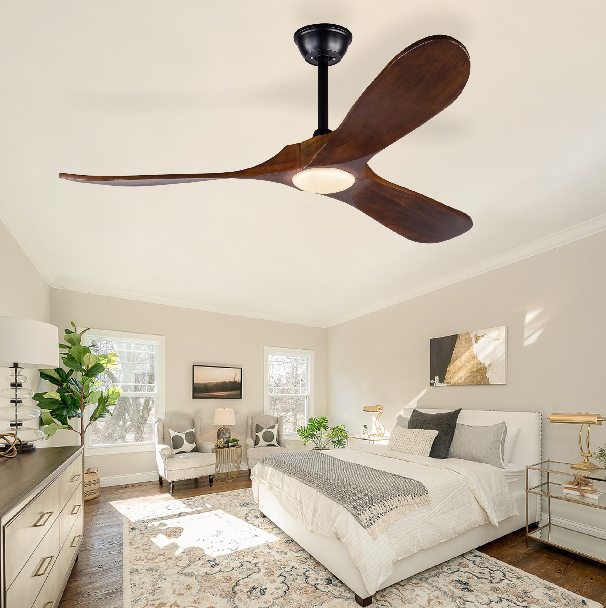 Deckenventilator 132 Cm Mit Licht, 3 Holzflügel, Led 3cct, Schwarz Und Nussbaum