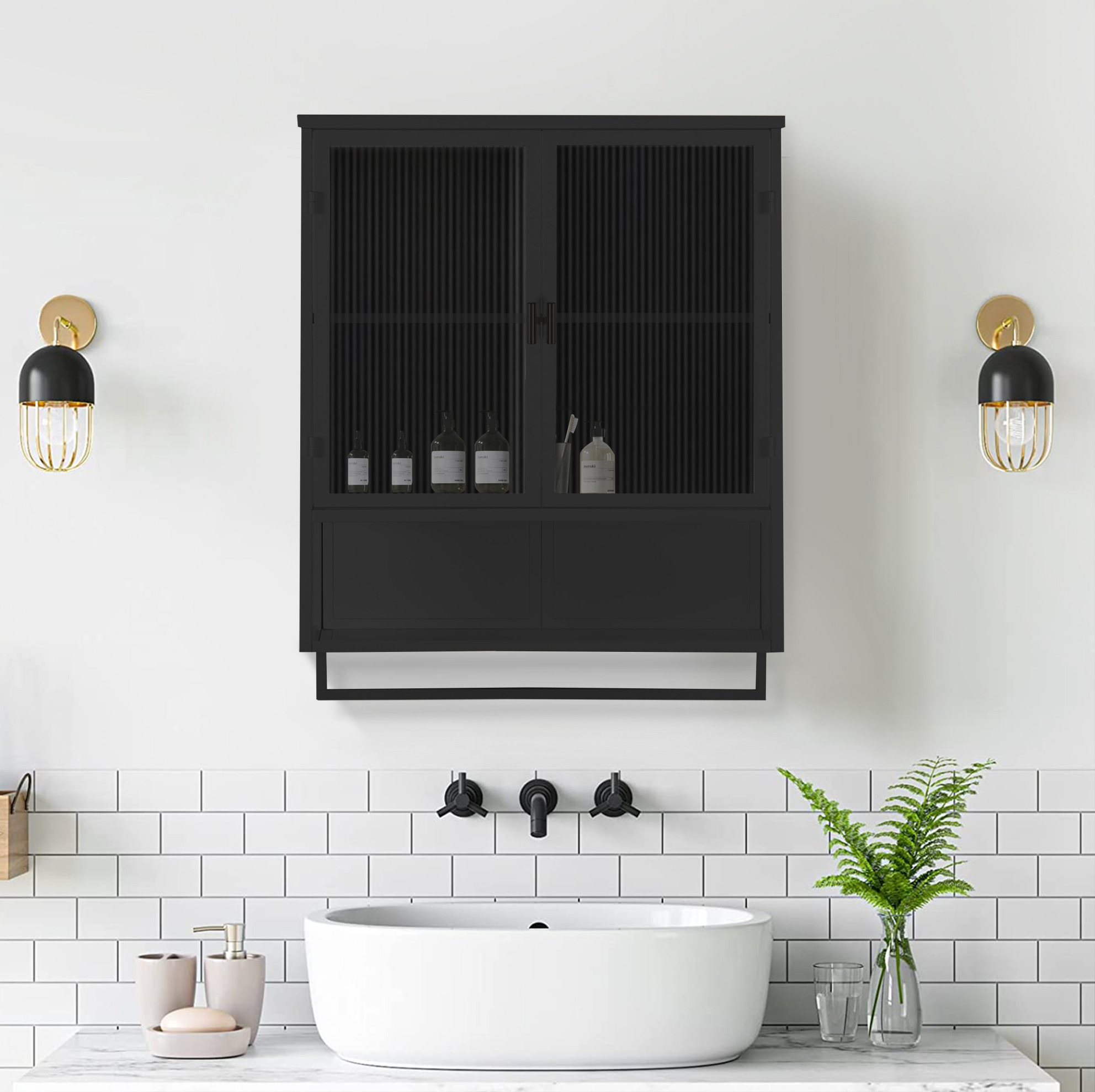 Wandschrank 60 Cm Mit 2 Glas- Und Metalltüren, Regal Und Handtuchhalter, Schwarz
