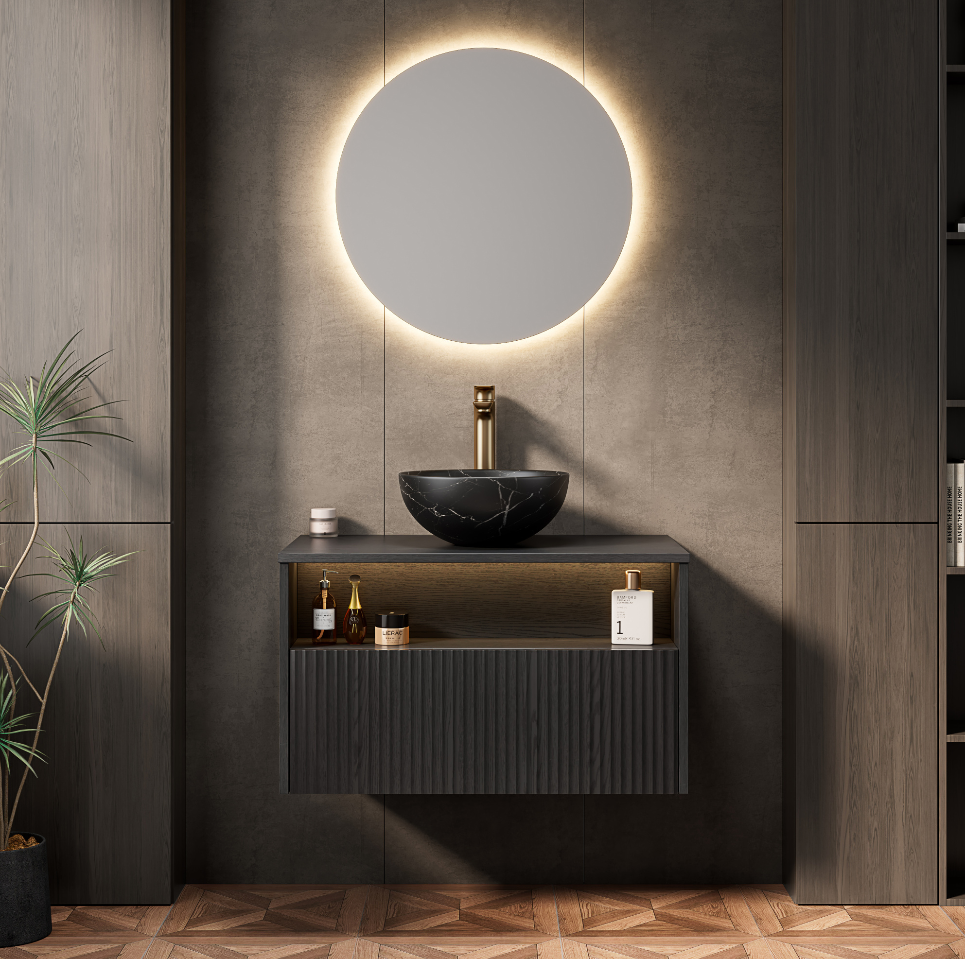 Hängender Badschrank 80 Cm Mit Schwarzem Keramikwaschbecken, Schublade Und Ablage