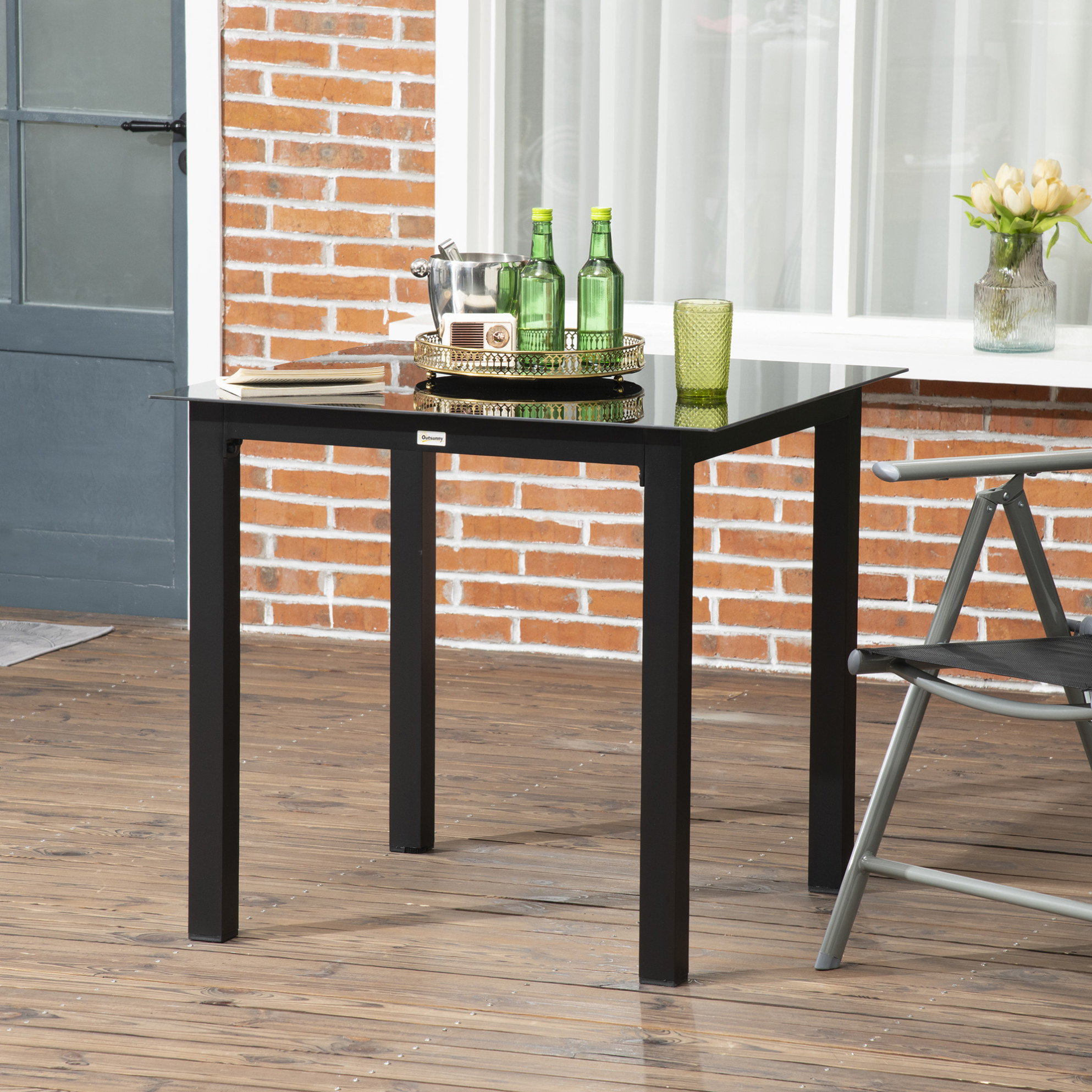 Quadratischer Gartentisch 80 X 80 X 74 Cm Für 4 Personen, Sicherheitsglas, Schwarzes Aluminium