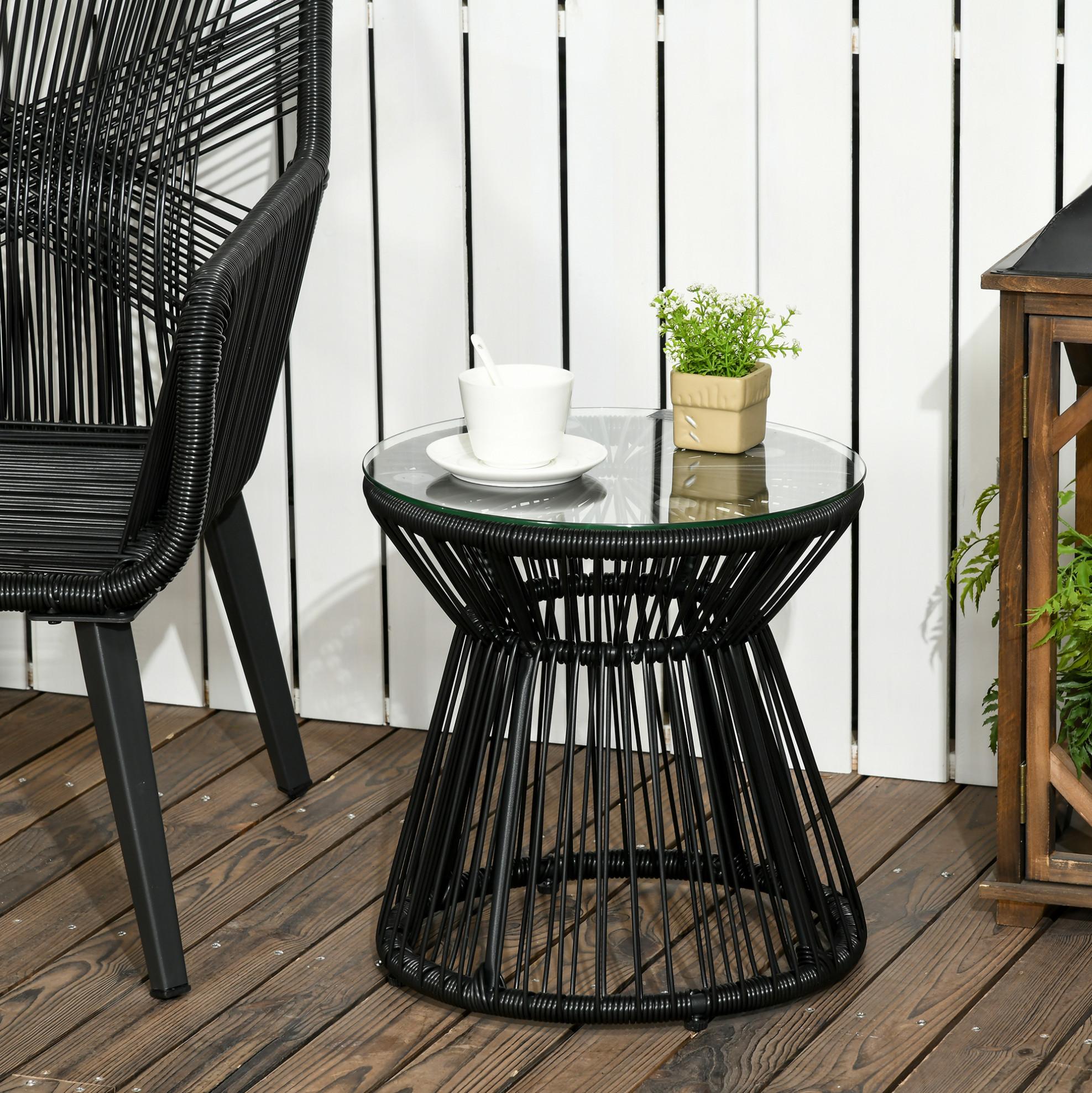 Runder Gartentisch Mit 5-mm-hartglasplatte Und Schwarzem Pe-rattan Okwish