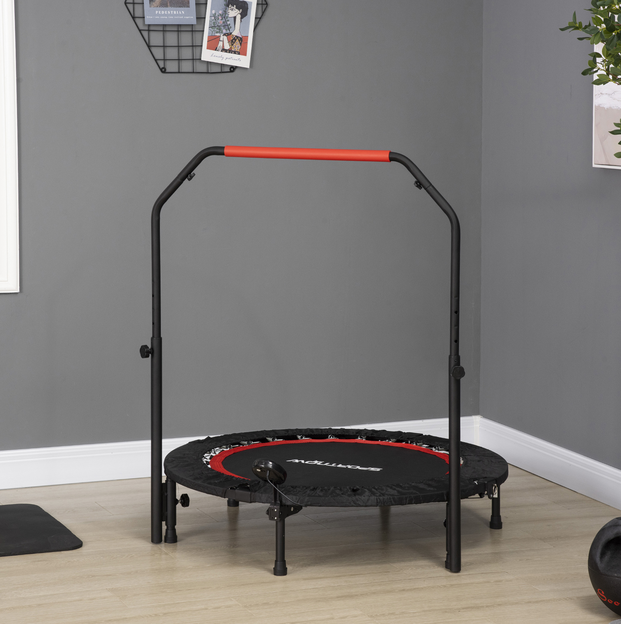 Fitness-minitrampolin Mit Lcd-monitor, 4-fach Verstellbarem Griff, Ø 102 Cm, Schwarz, Okwish