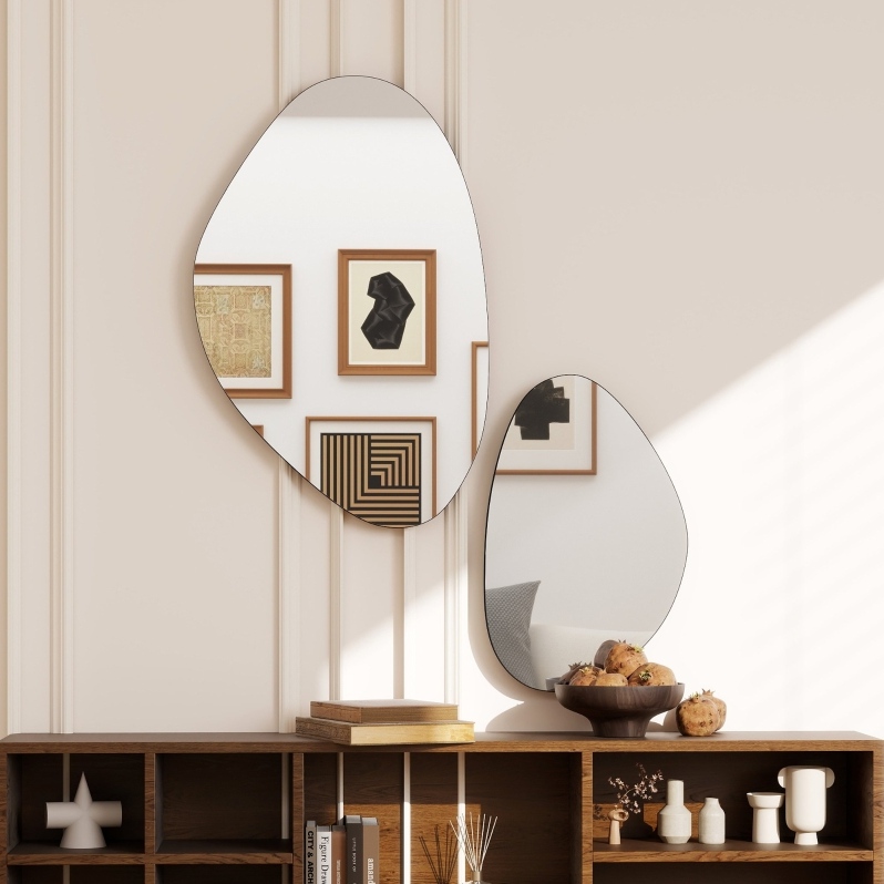 Set Mit 2 Asymmetrischen Schwarzen Wandspiegeln 70 X 46 Cm Und 49,5 X 31 Cm