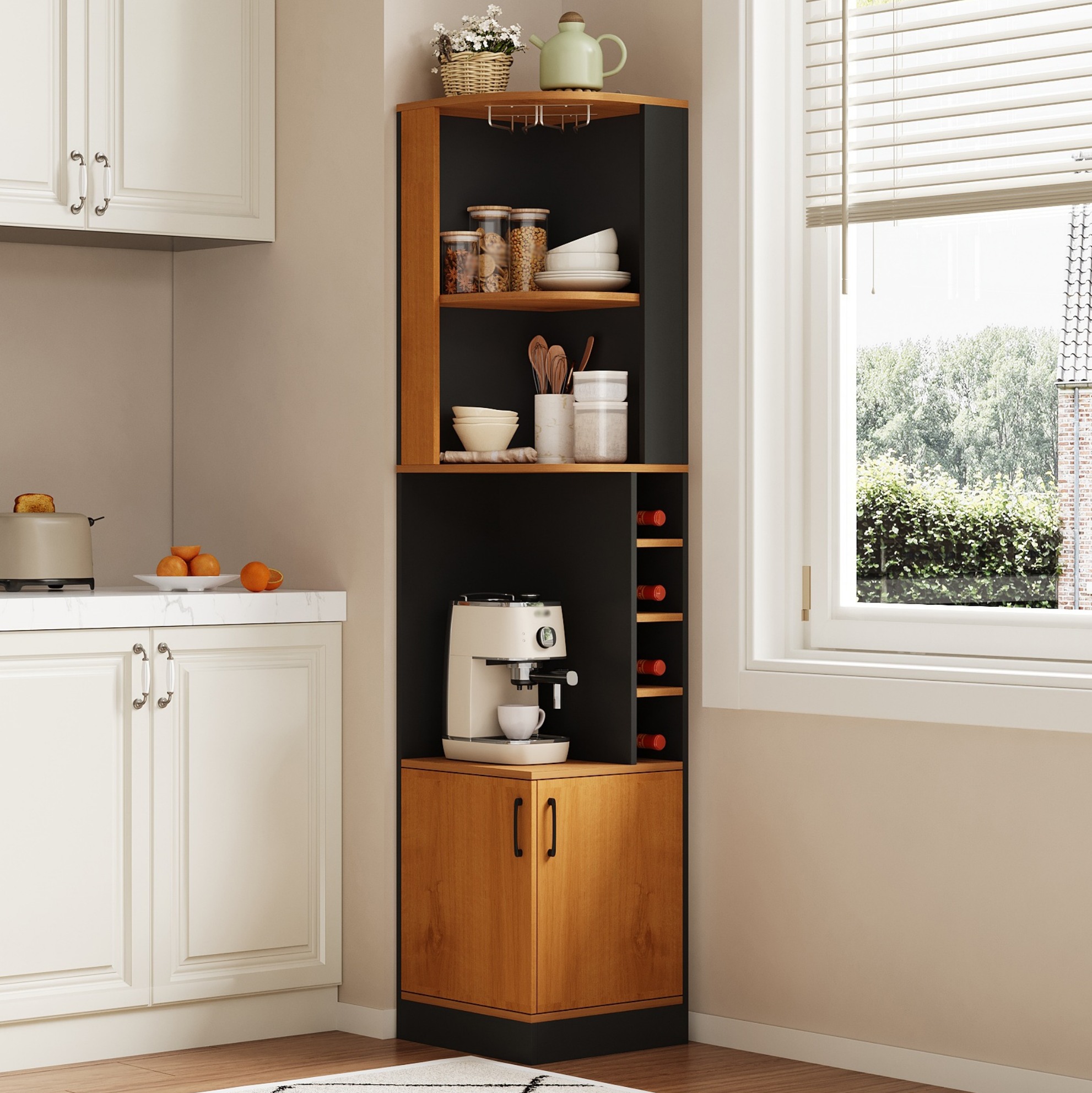 Eck-weinregal 40 X 40 X 182 Cm Aus Schwarzem Mdf Mit Gläserhalter, Okwish