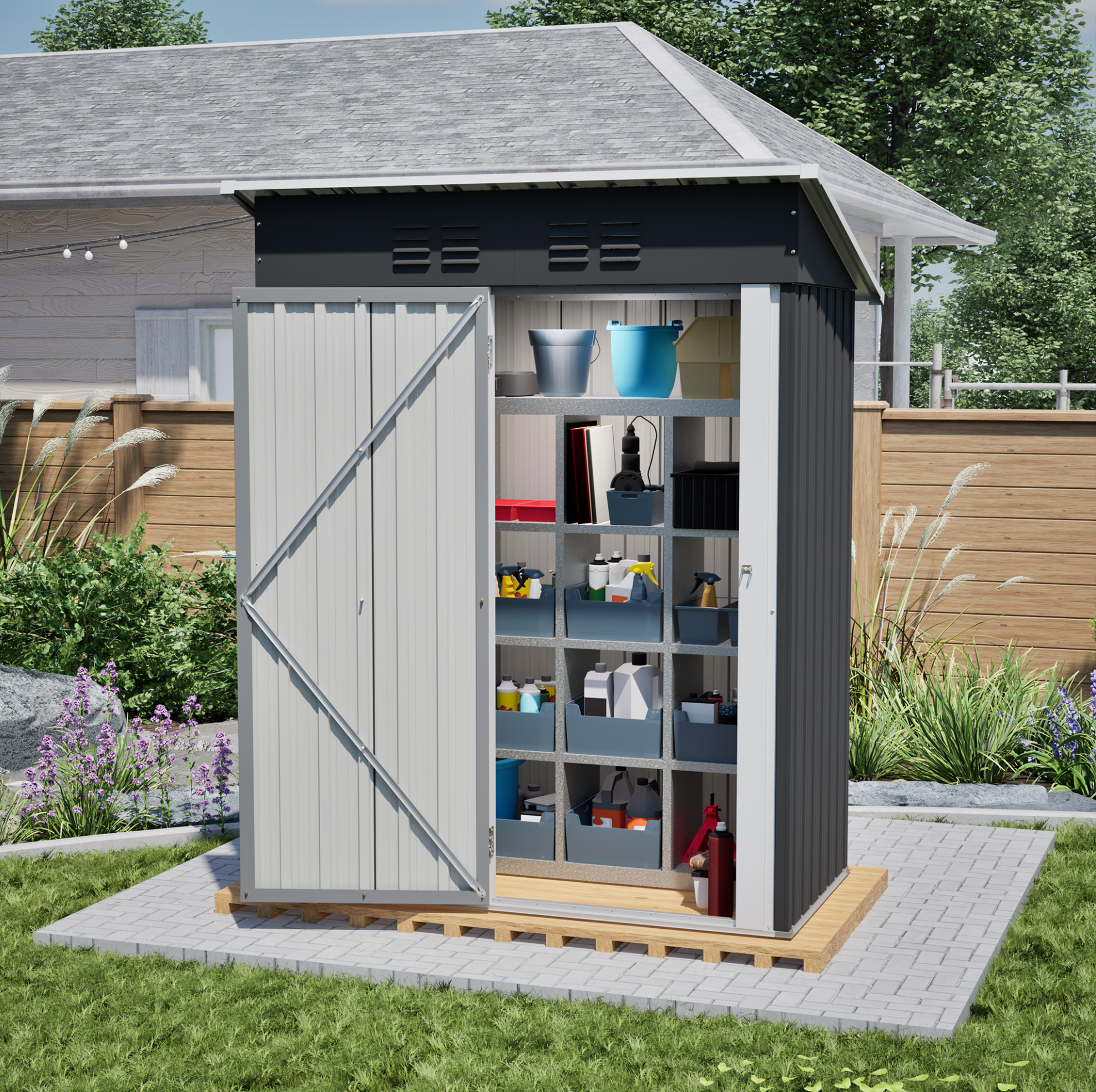 Schwarzes Metall-gartenhaus 152,2 X 83,6 X 182 Cm Mit Abschließbarer Tür, Fensterlos, 1,27 M²