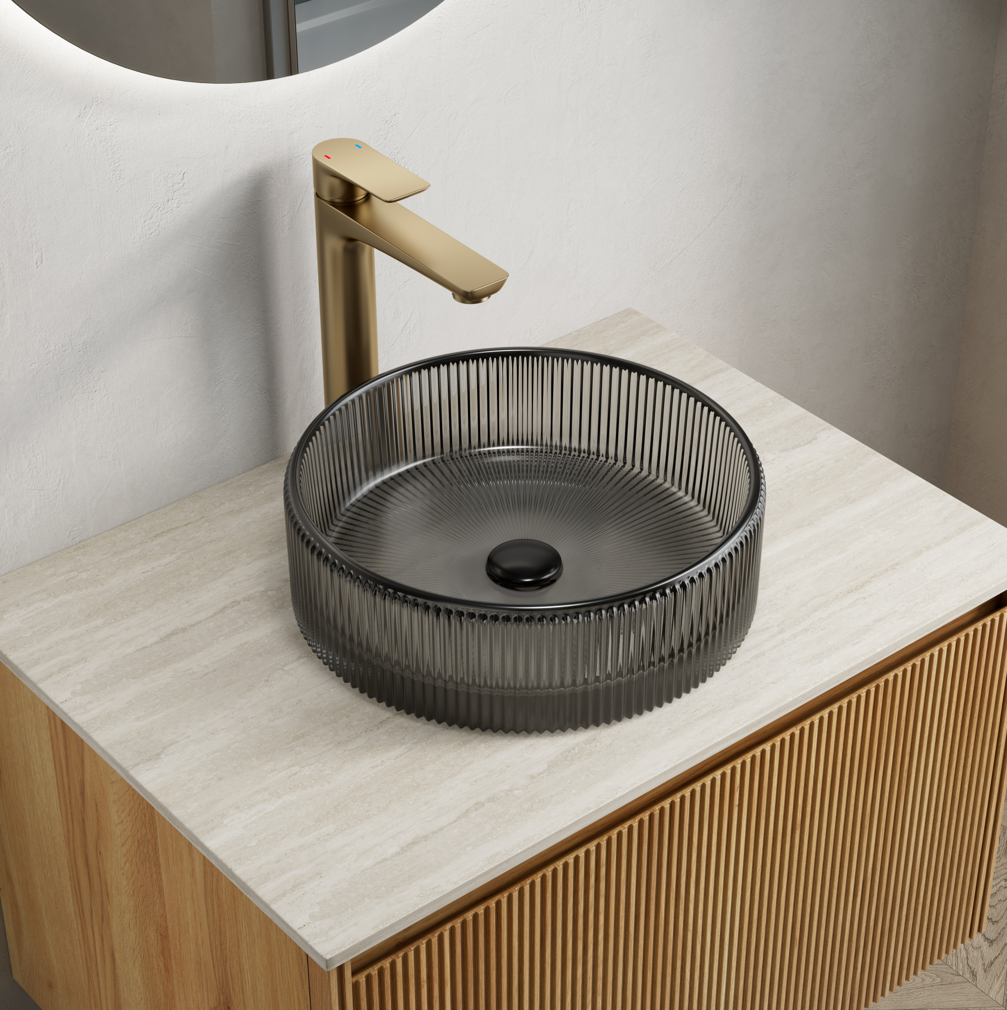 Rundes Aufsatzwaschbecken 36 Cm Aus Transparentem Schwarzem Glas, Ohne Armaturenloch, Okwish
