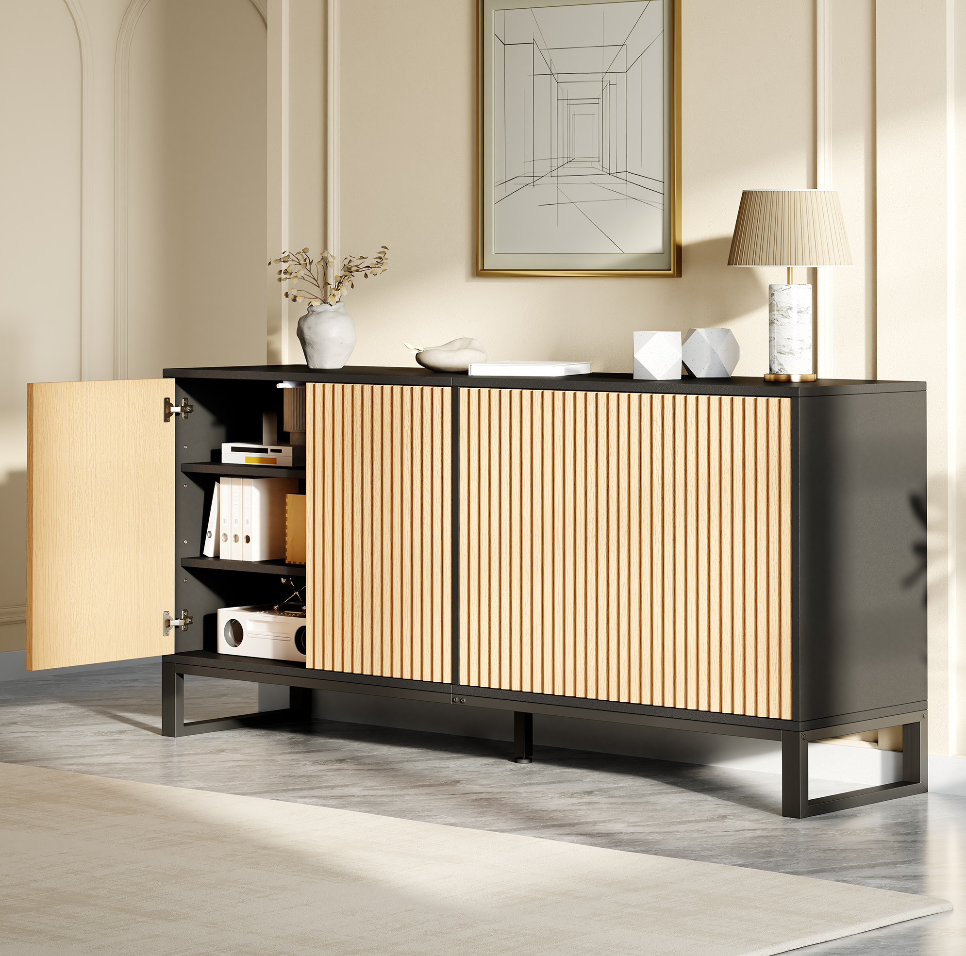 Schuhschrank Sideboard Mit 4 Geriffelten Türen 160 X 40 X 75 Cm Mdf/spanplatte Schwarz/natur