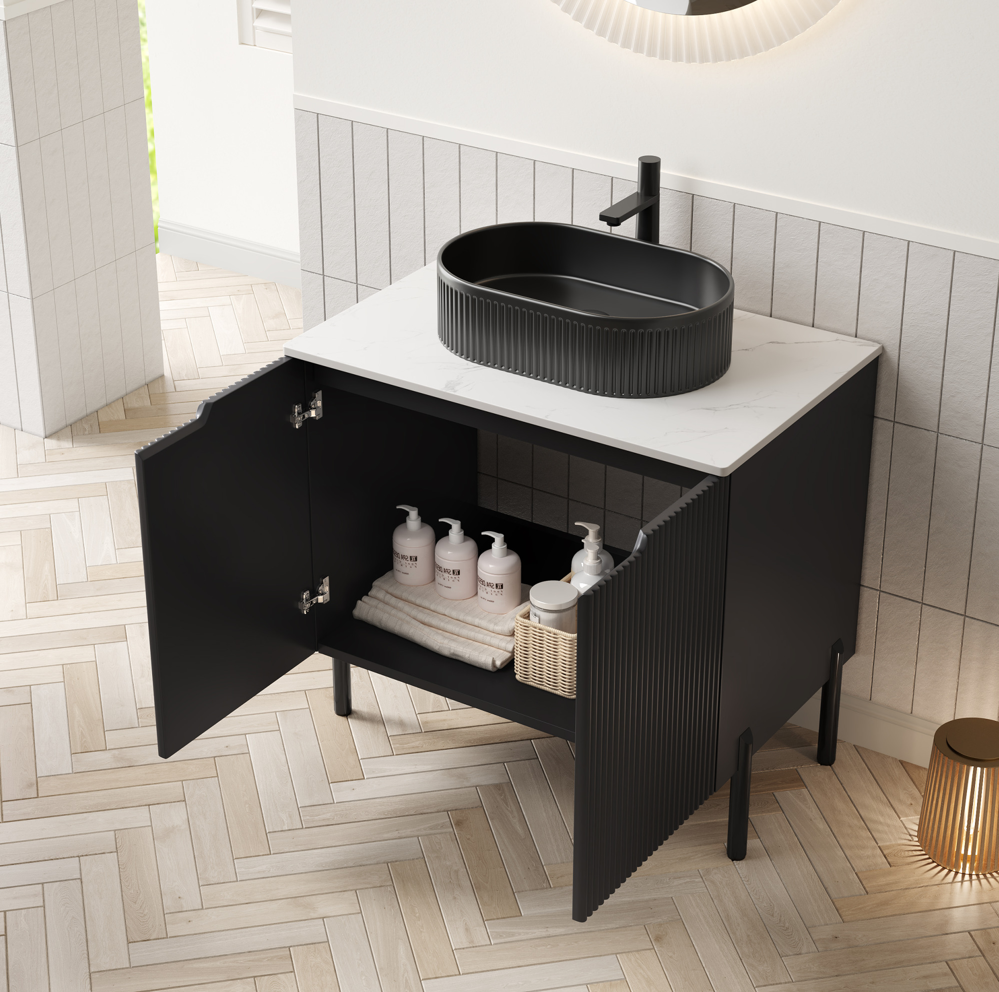 Freistehender Badschrank 76 Cm Mit Ovalem Schwarzem Keramikbecken Und Sintersteinplatte
