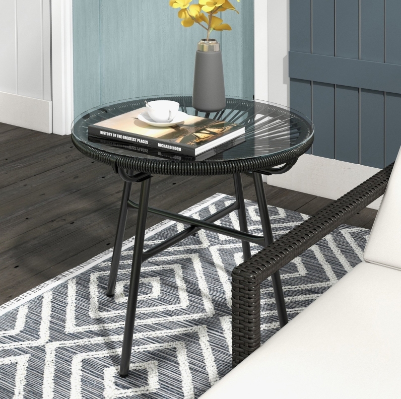 Boho-gartentisch Aus Polyrattan Und Gehärtetem Glas, Schwarz, 50 X 50 X 50 Cm