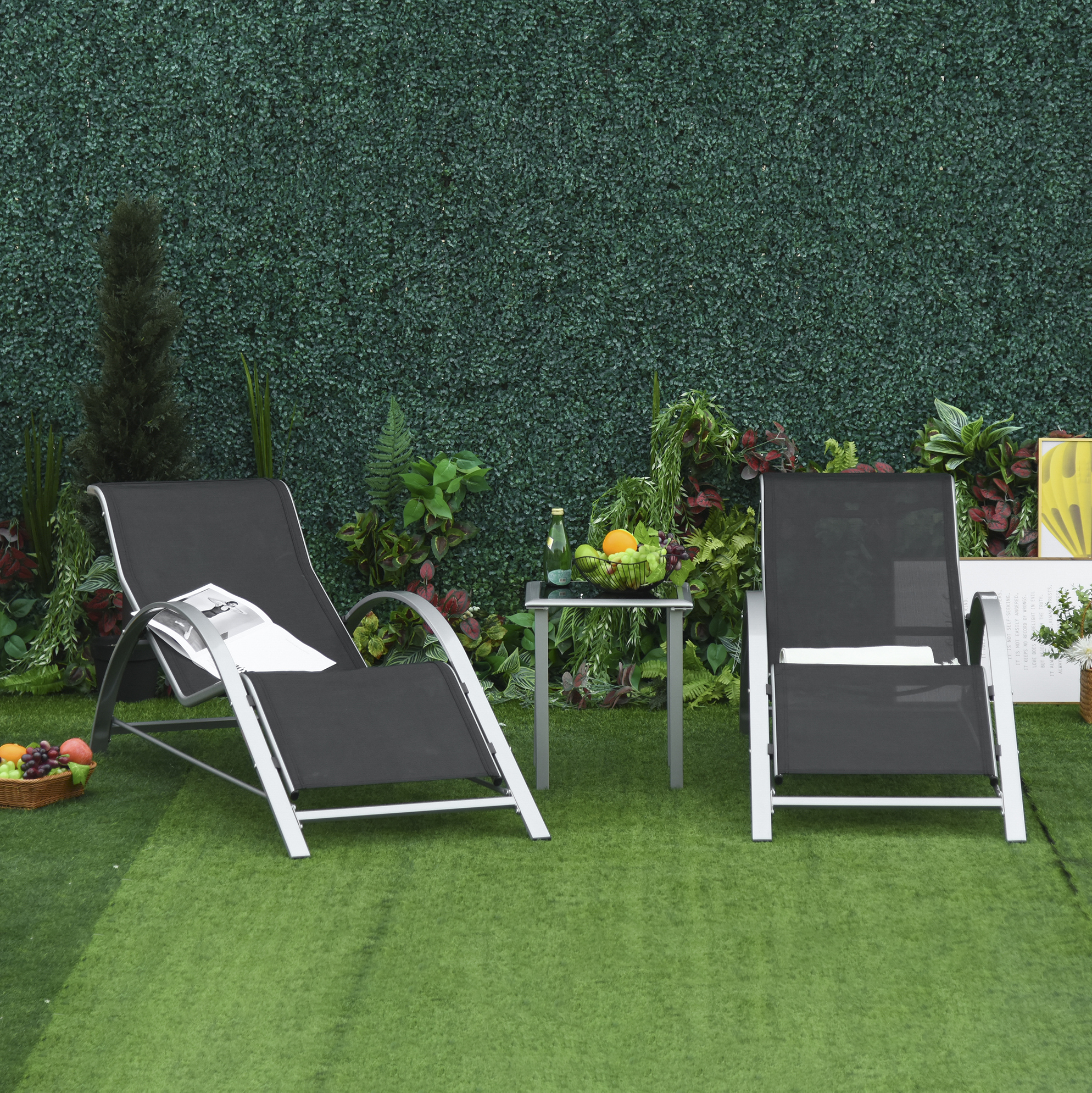 3-teiliges Gartenmöbel-set Aus Schwarzem Metall Mit 2 Liegen Und Glastisch