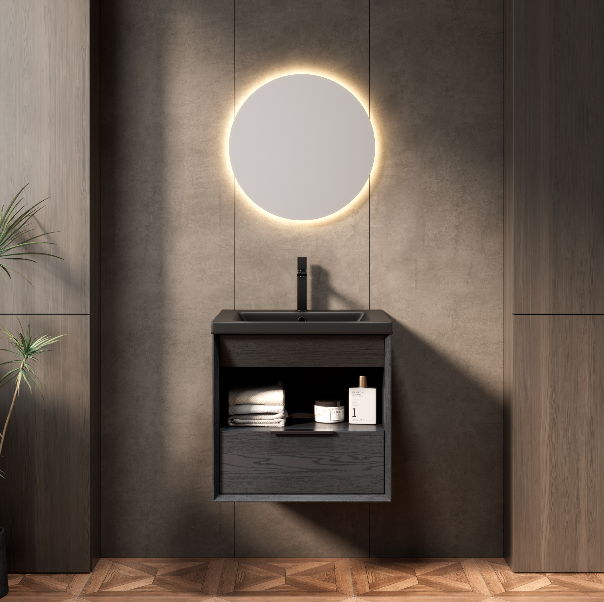 Hängender Badschrank 51,5 Cm Mit Schwarzem Keramikwaschbecken Und Schubladenablage