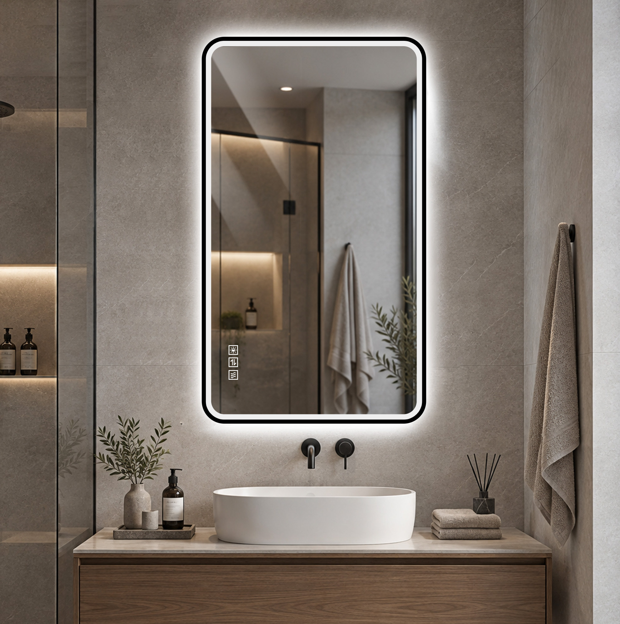 Led-badezimmerspiegel 100 X 60 Cm Mit Schwarzem Aluminiumrahmen, Beschlagfrei, Dimmbar