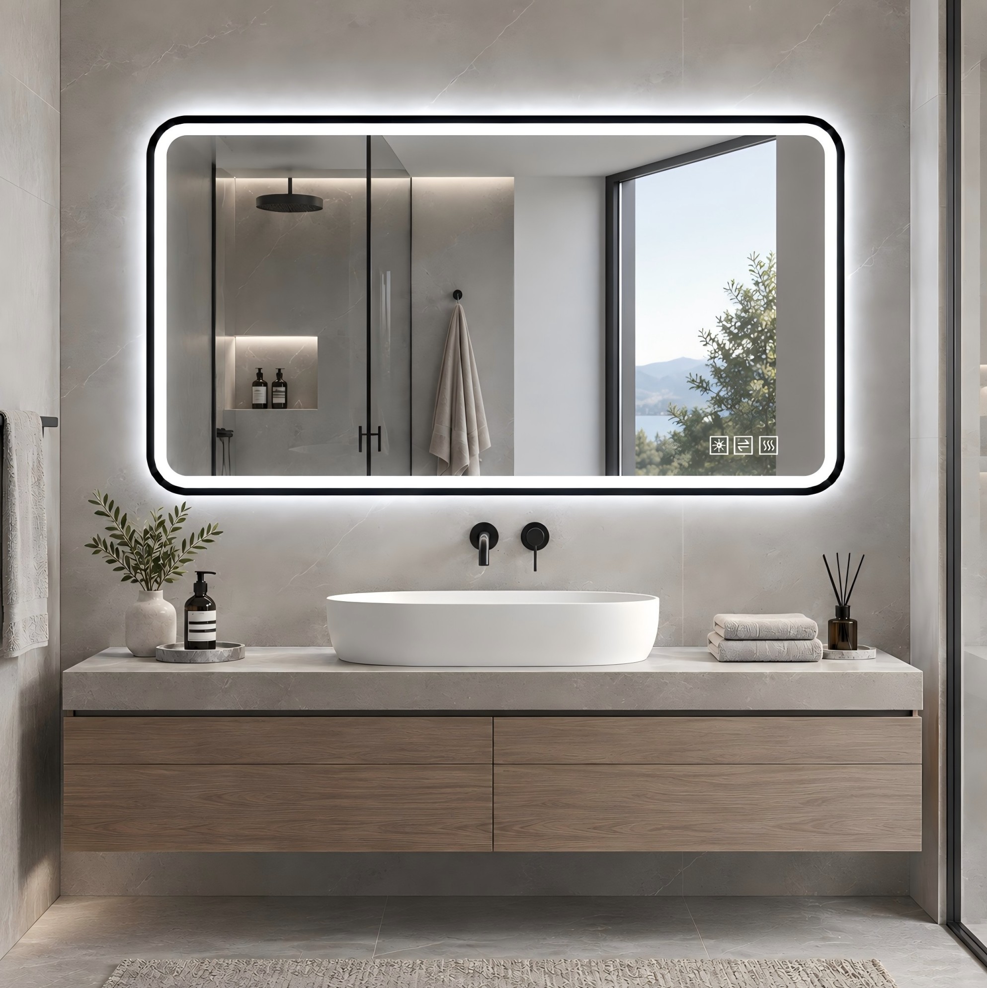 Led-badezimmerspiegel 70 X 90 Cm Mit Schwarzem Aluminiumrahmen, Anti-beschlag Und Dimmbarem Licht