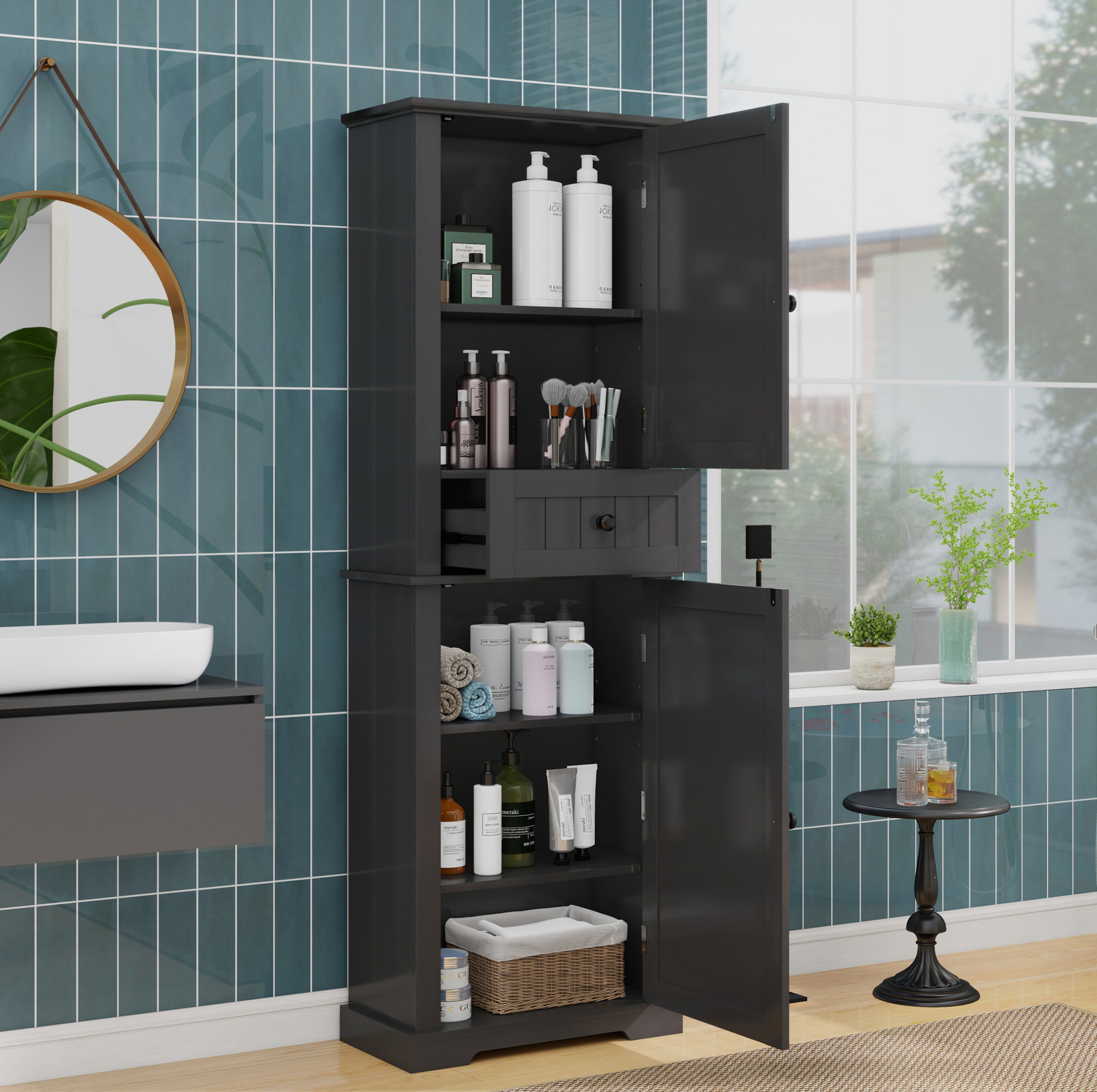 Schwarzer Badezimmerhochschrank Aus Mdf, 56 X 28 X 167,3 Cm, Mit 2 Türen Und Schublade