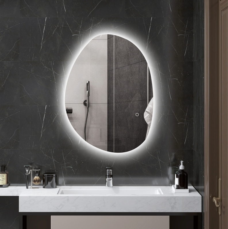 Asymmetrischer Badspiegel 70 X 50 Cm Mit Led-beleuchtung, Smart Touch, Anti-beschlag, Silber