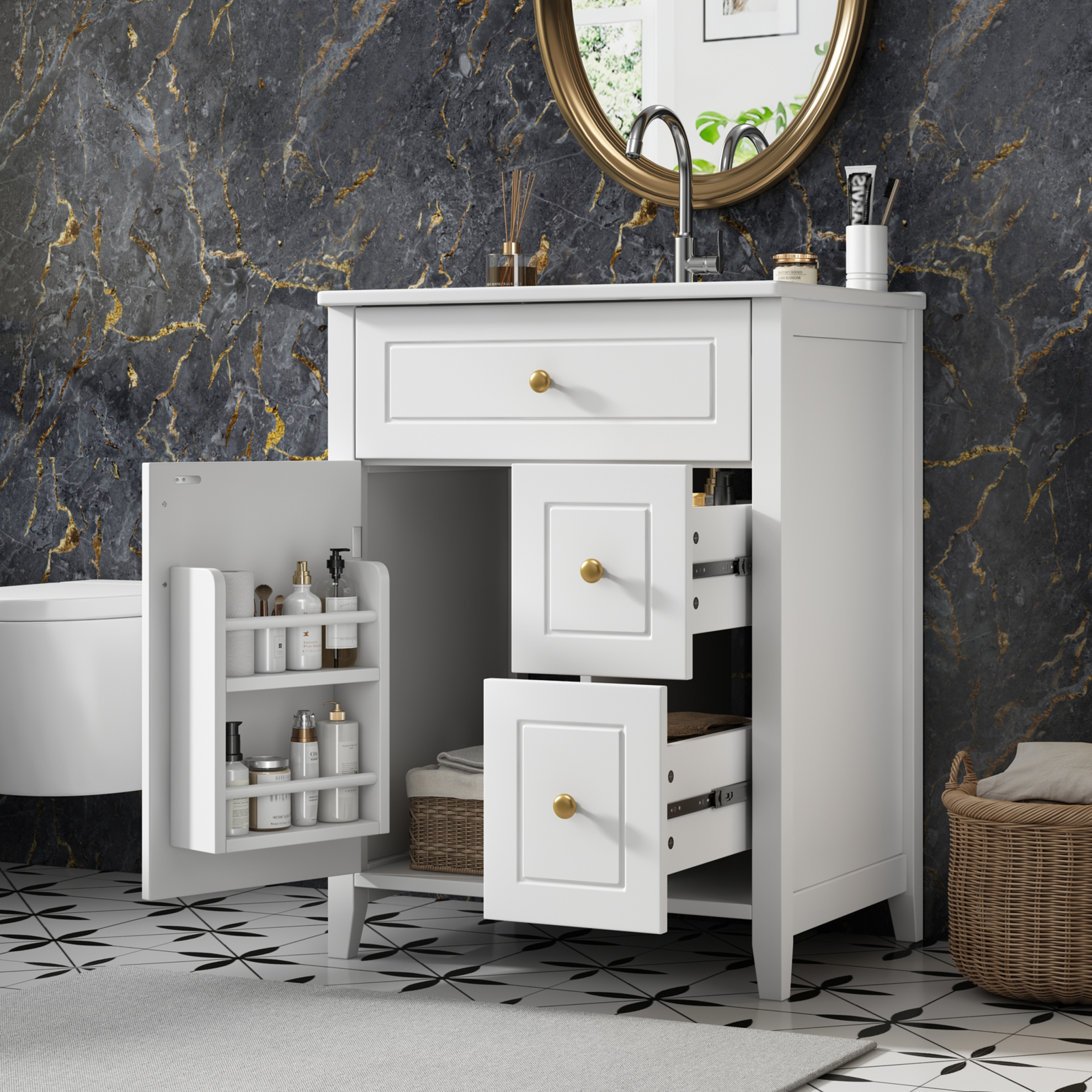 Bodenstehender Badschrank 61 Cm, Weiß, Keramikwaschbecken, Goldene Griffe, Okwish