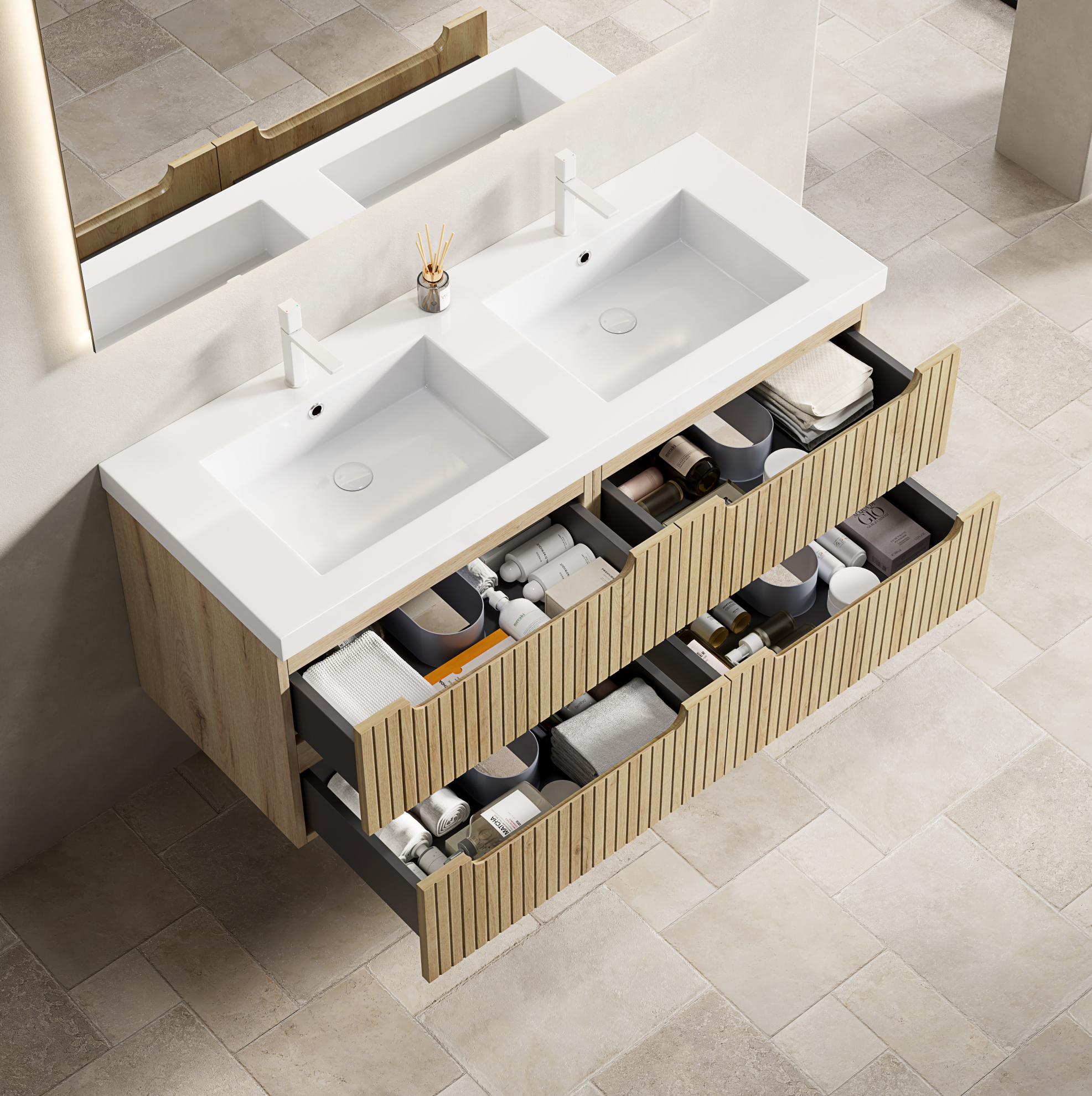 Hängender Badunterschrank 120 Cm Mit 2 Integrierten Waschbecken, 4 Schubladen, Weißeiche
