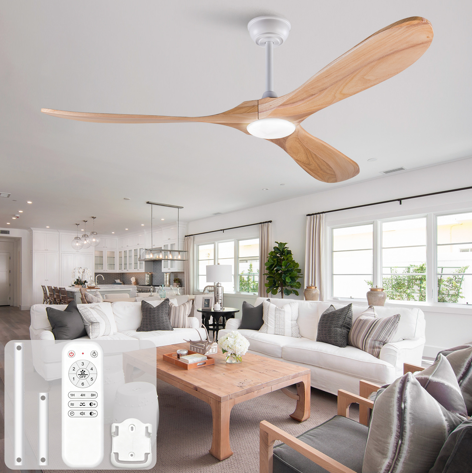 60-zoll-deckenventilator Mit Licht Und Fernbedienung, 3 Holzflügel, 3-cct, Weiß Okwish