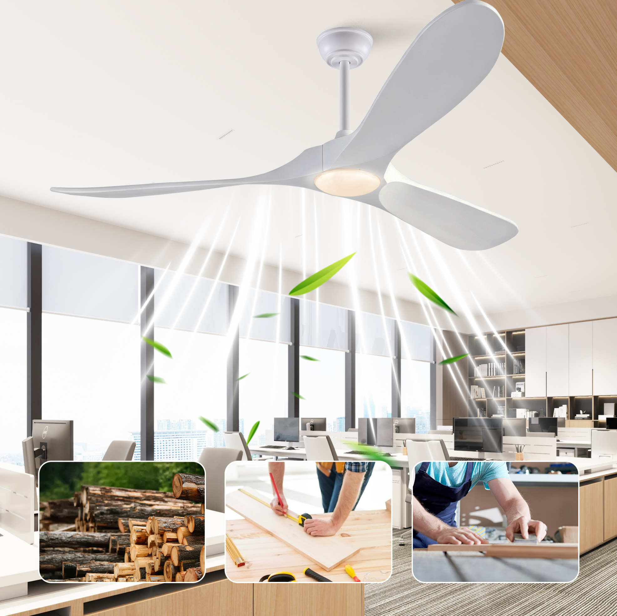 60-zoll-deckenventilator Mit Led-licht, Fernbedienung, 3 Holzflügeln, Weiß
