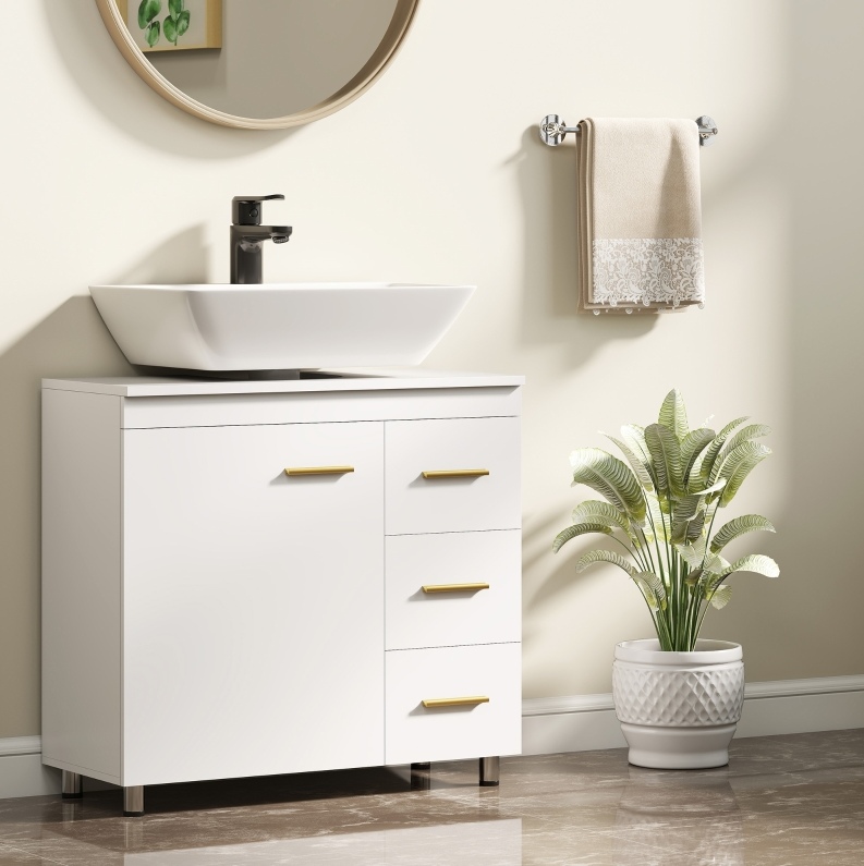 Okwish Badunterschrank Mit 3 Ebenen, Mdf Und Spanplatte, Weiß