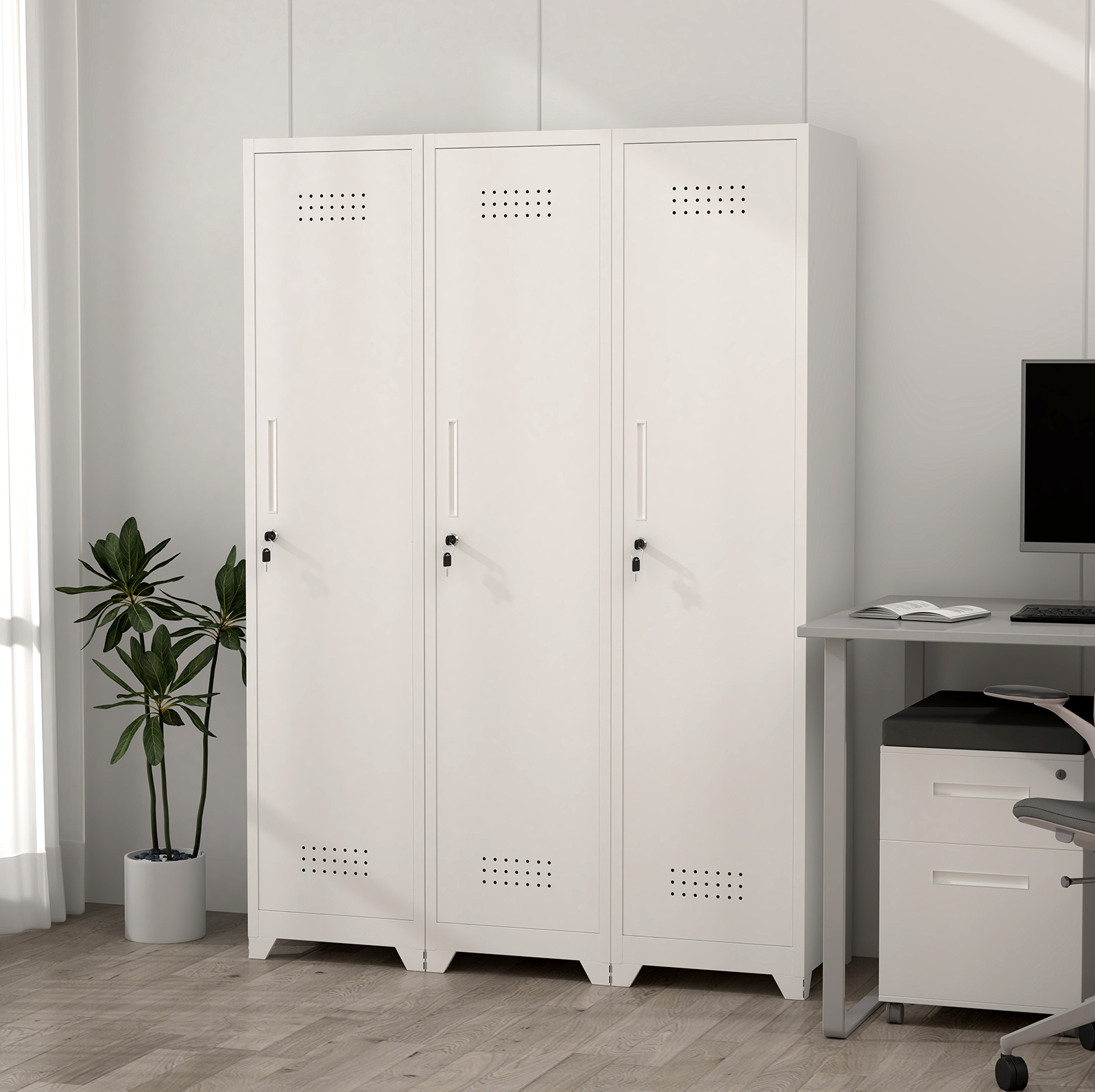 Schmaler Metall-putzschrank Mit Abschließbarer Tür, 165 X 40 X 40 Cm, Weiß