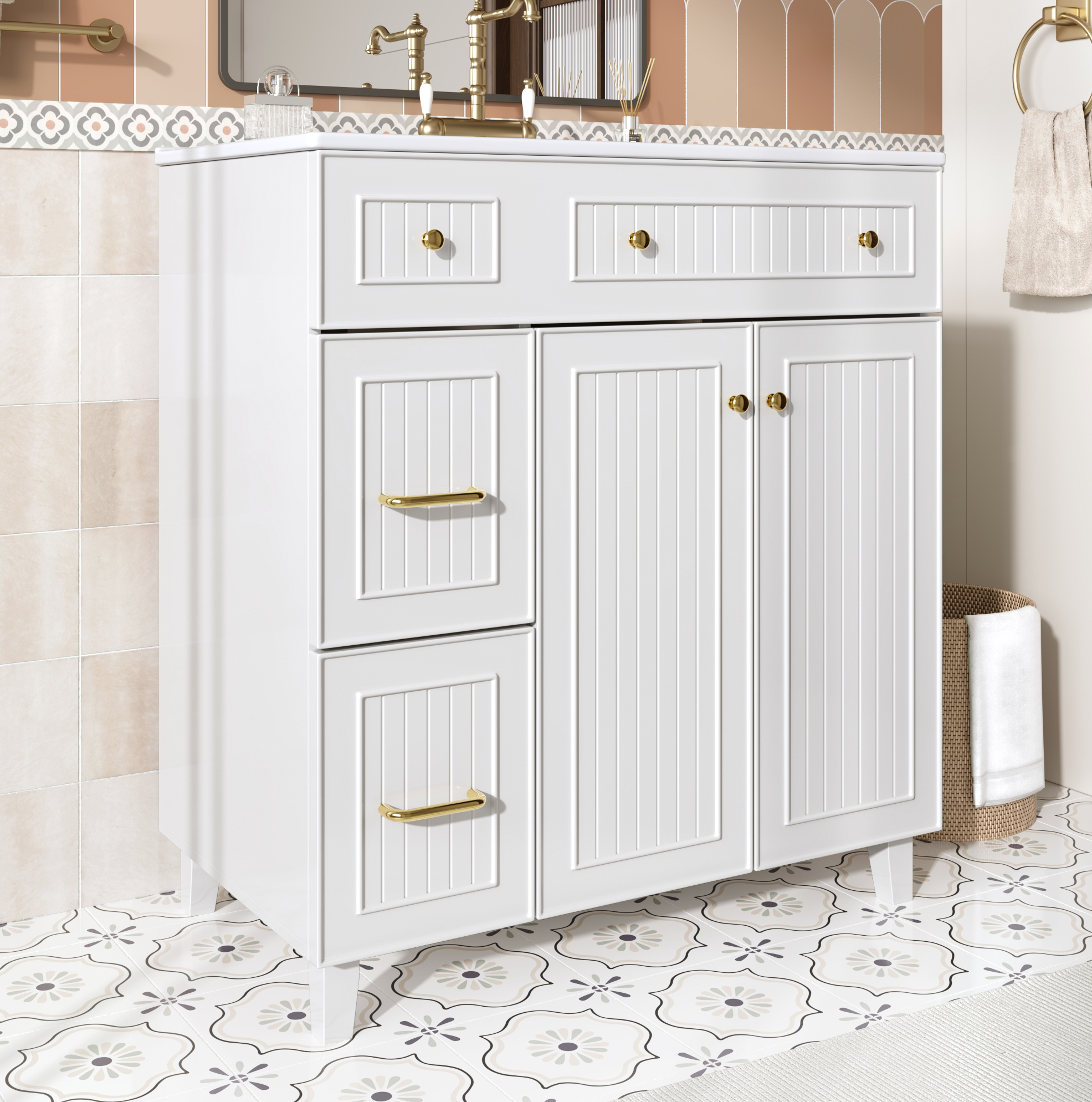 Badezimmer-waschtischunterschrank 81,7 Cm Mit Keramikwaschbecken, Weiß Lackiertes Mdf