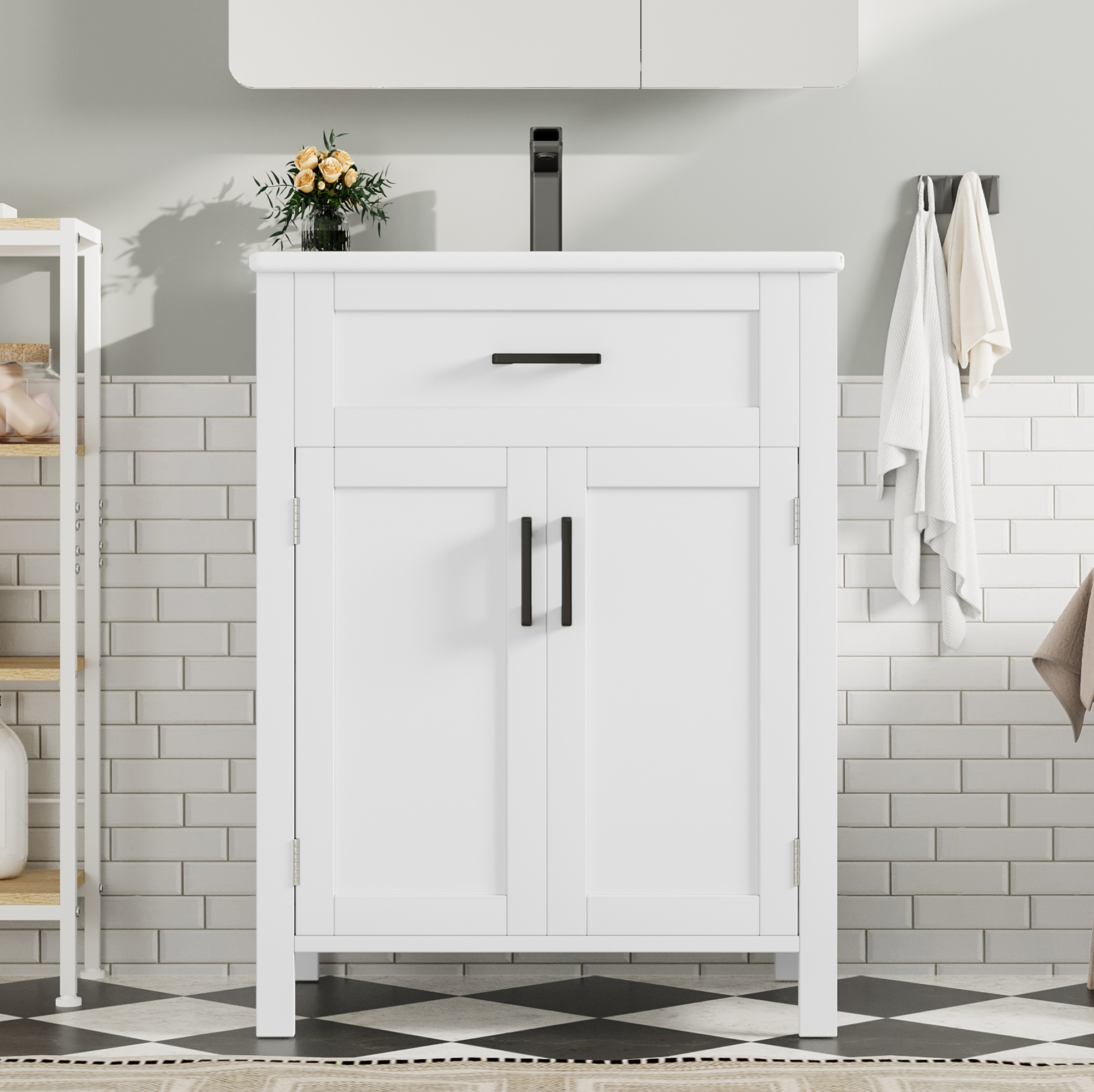 Freistehender Waschtischunterschrank 60 X 46 X 84,8 Cm Aus Mdf Und Keramik, Weiß, Mit Schublade
