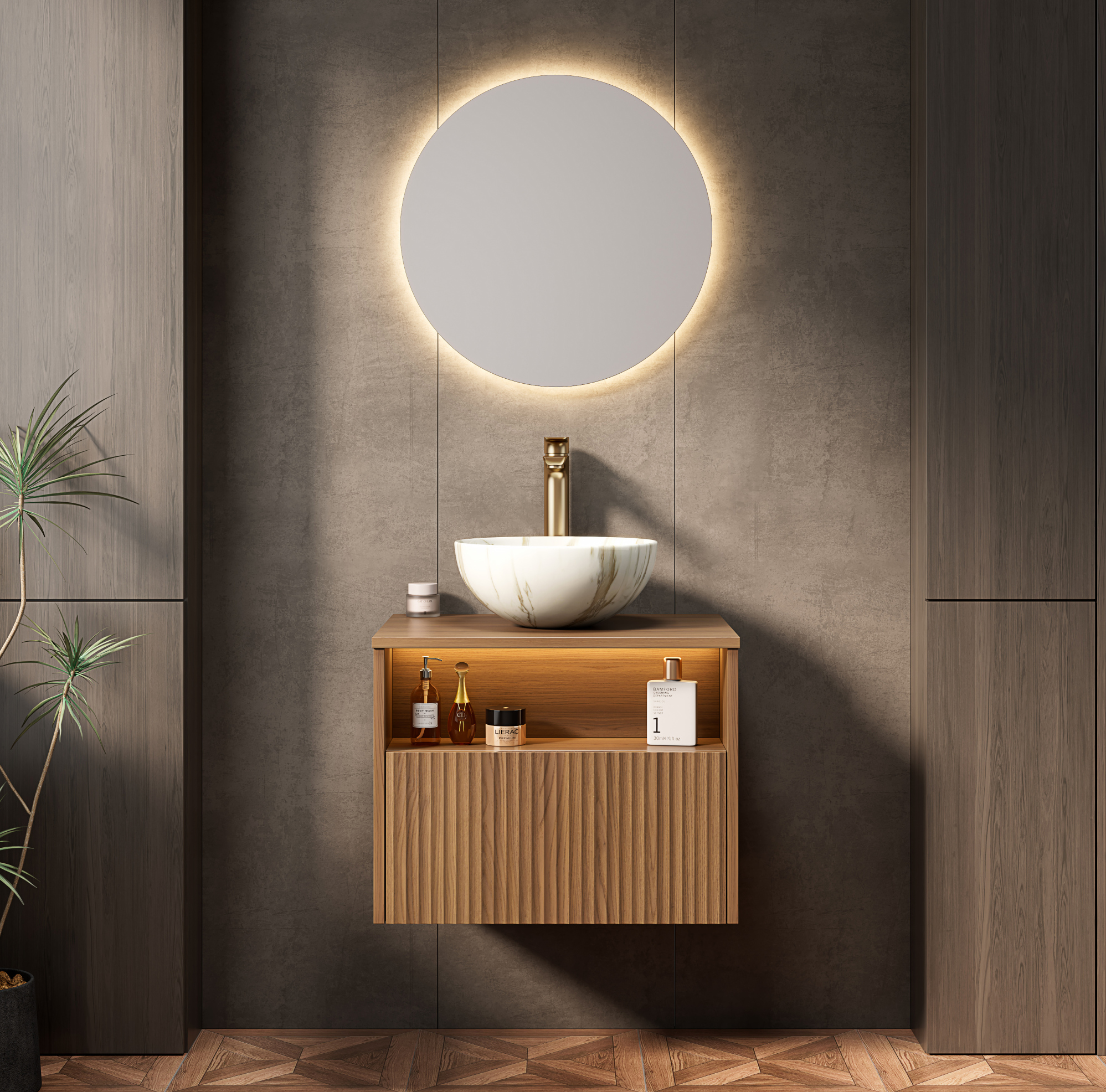 Hängender Waschtischunterschrank 60 Cm Mit Weißem Keramikbecken, Sensor-led, Brauneiche