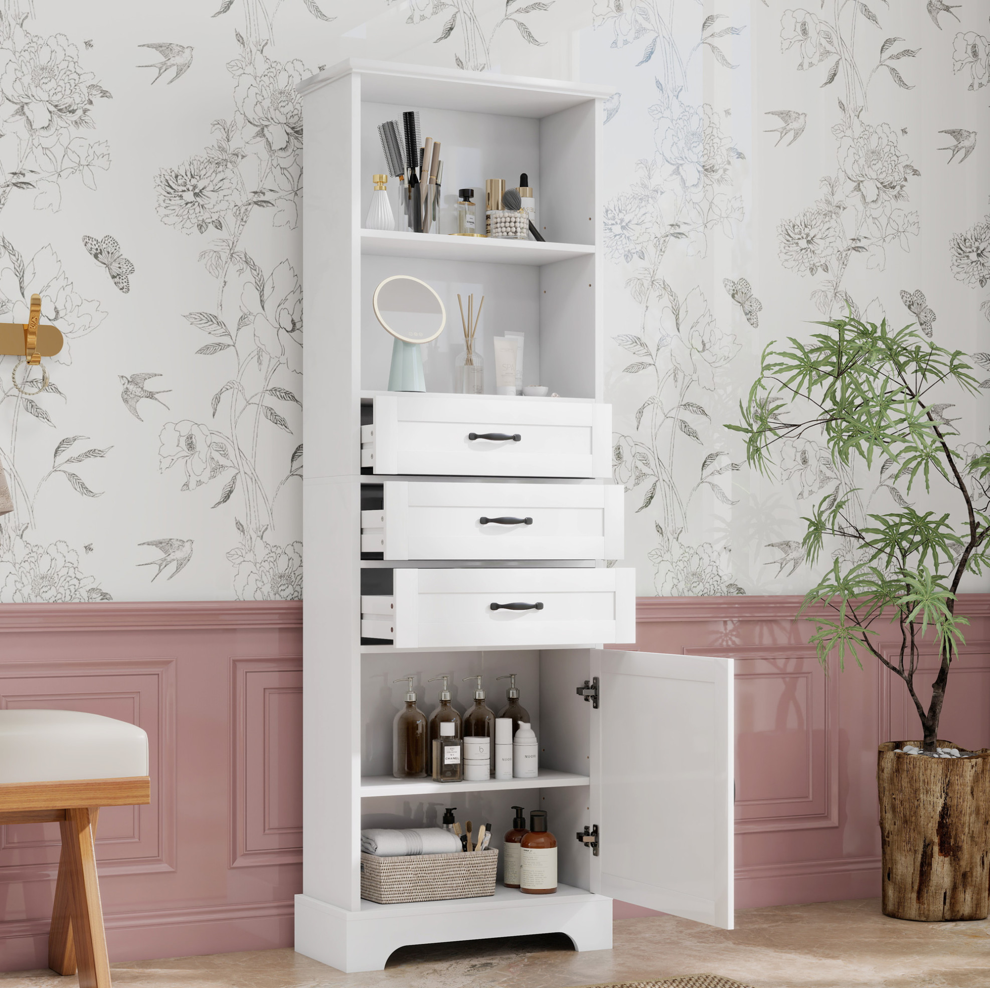 Weißer Mdf-badezimmerschrank 56 X 25,6 X 167 Cm Mit 3 Schubladen Und Regalen