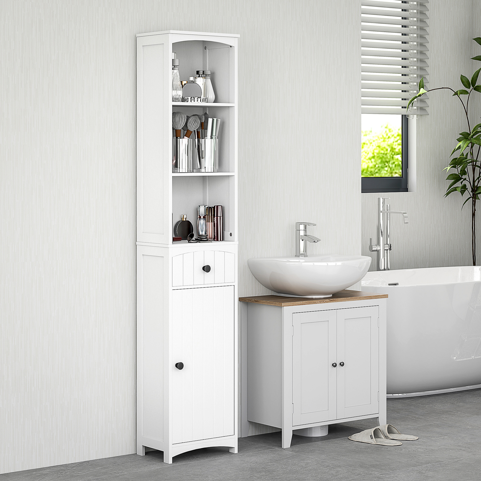 Hochschrank Fürs Bad Mit 3 Ablagen Und 1 Schublade, Weiß, 34 X 24 X 170,5 Cm, Okwish