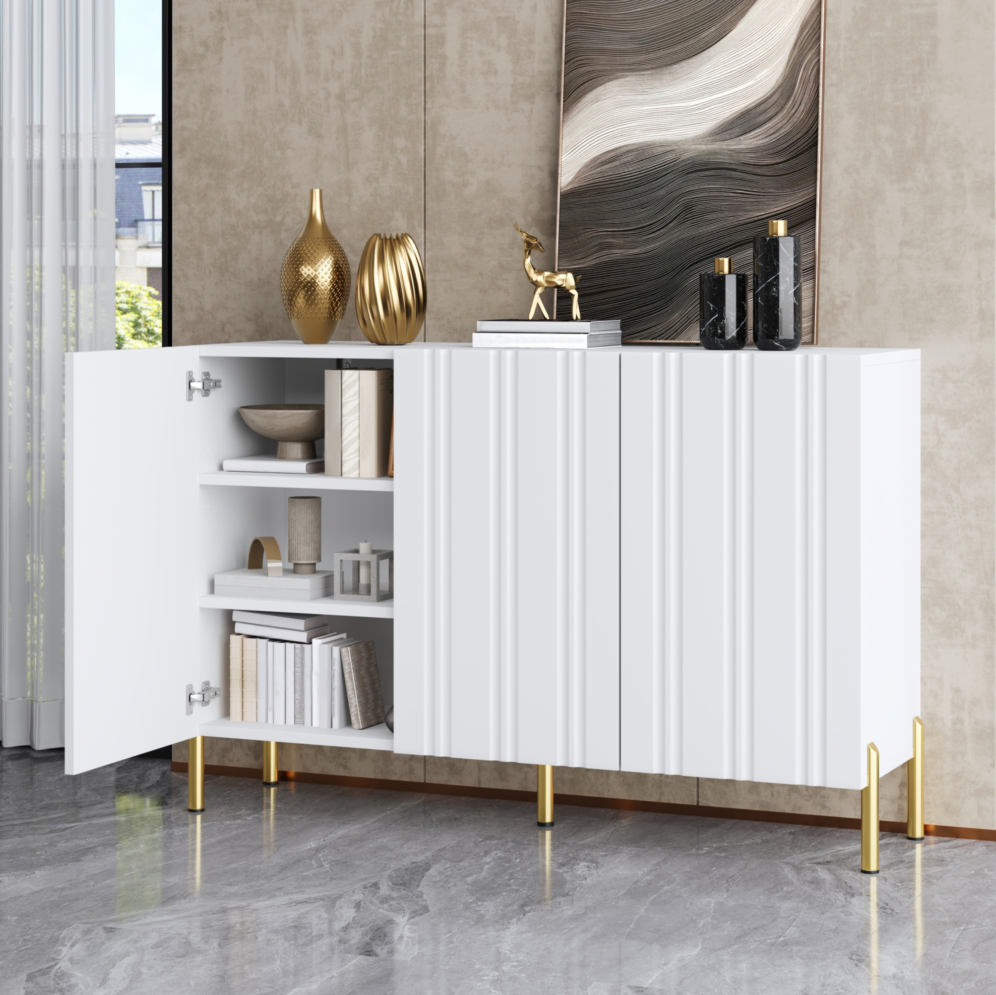 2-in-1 Schuhschrank Und Sideboard, 3 Türen, Mdf & Spanplatte, Weiß, Goldene Metallfüße