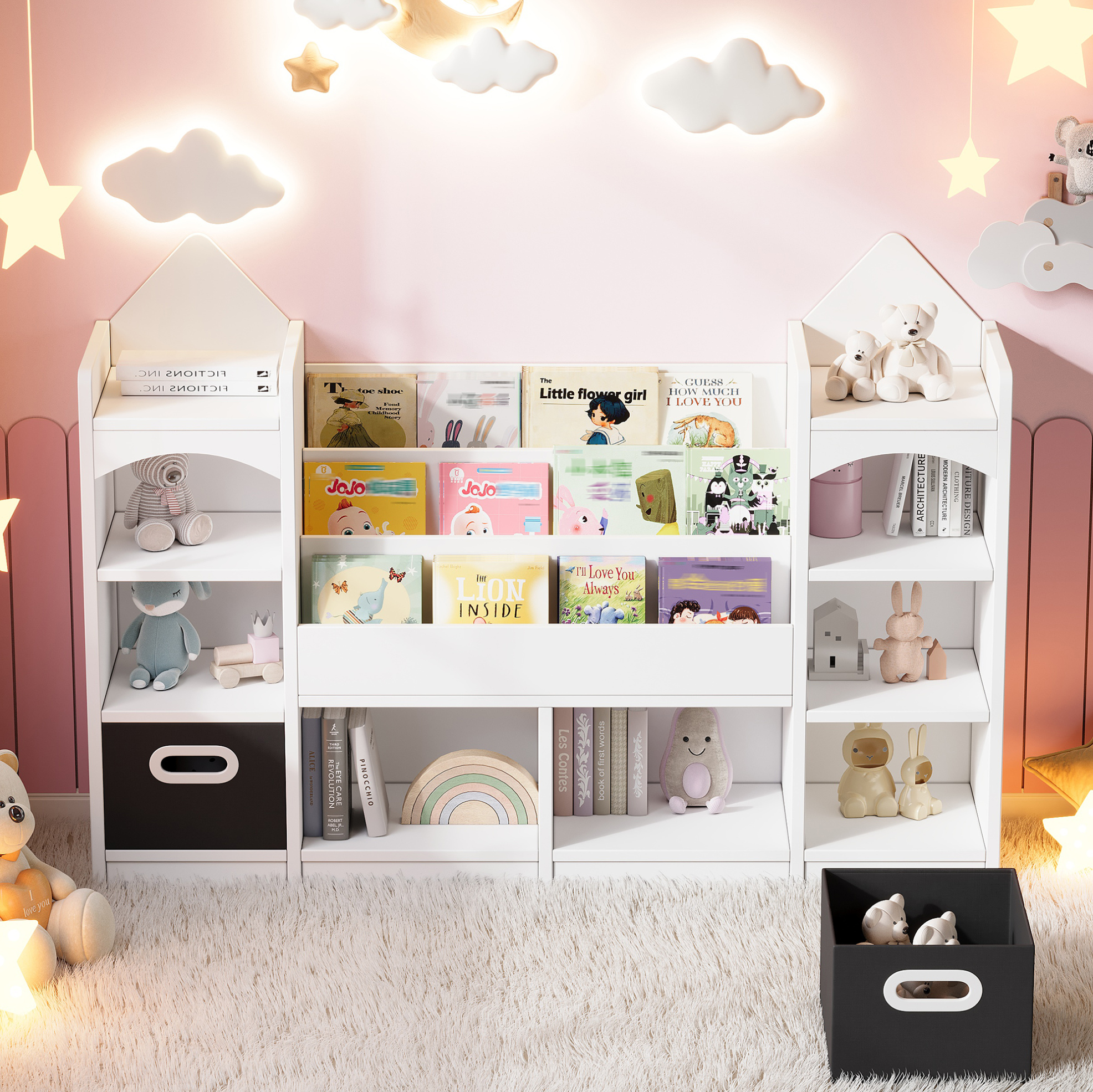 Kinderregal Mit 2 Faltbaren Aufbewahrungsboxen, Weiß, 130 X 30 X 90 Cm, Mdf