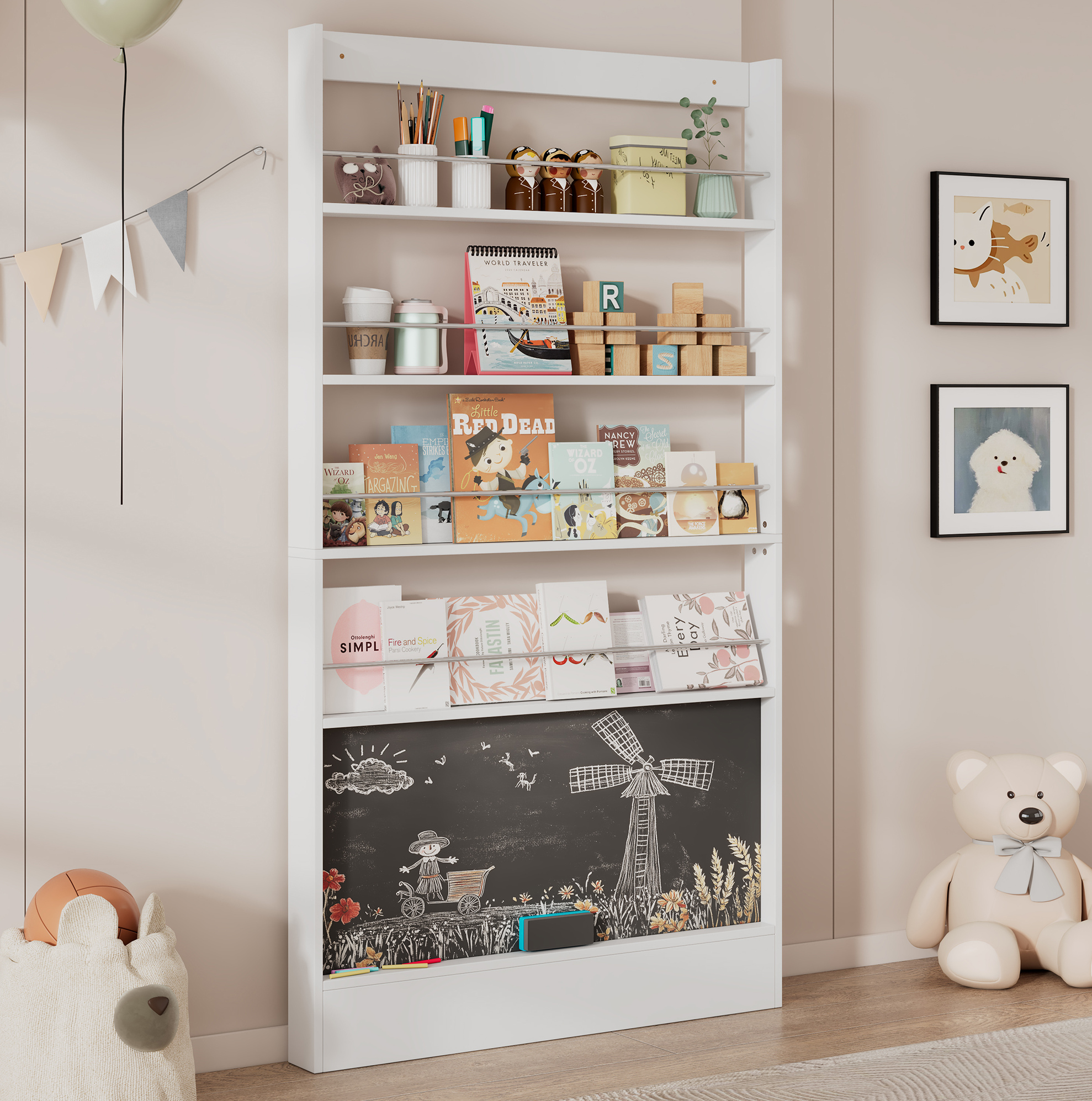 Schmales Kinderregal Mit 4 Ebenen Und Tafel, 100 X 10 X 180 Cm, Weiß, Metall Und Mdf