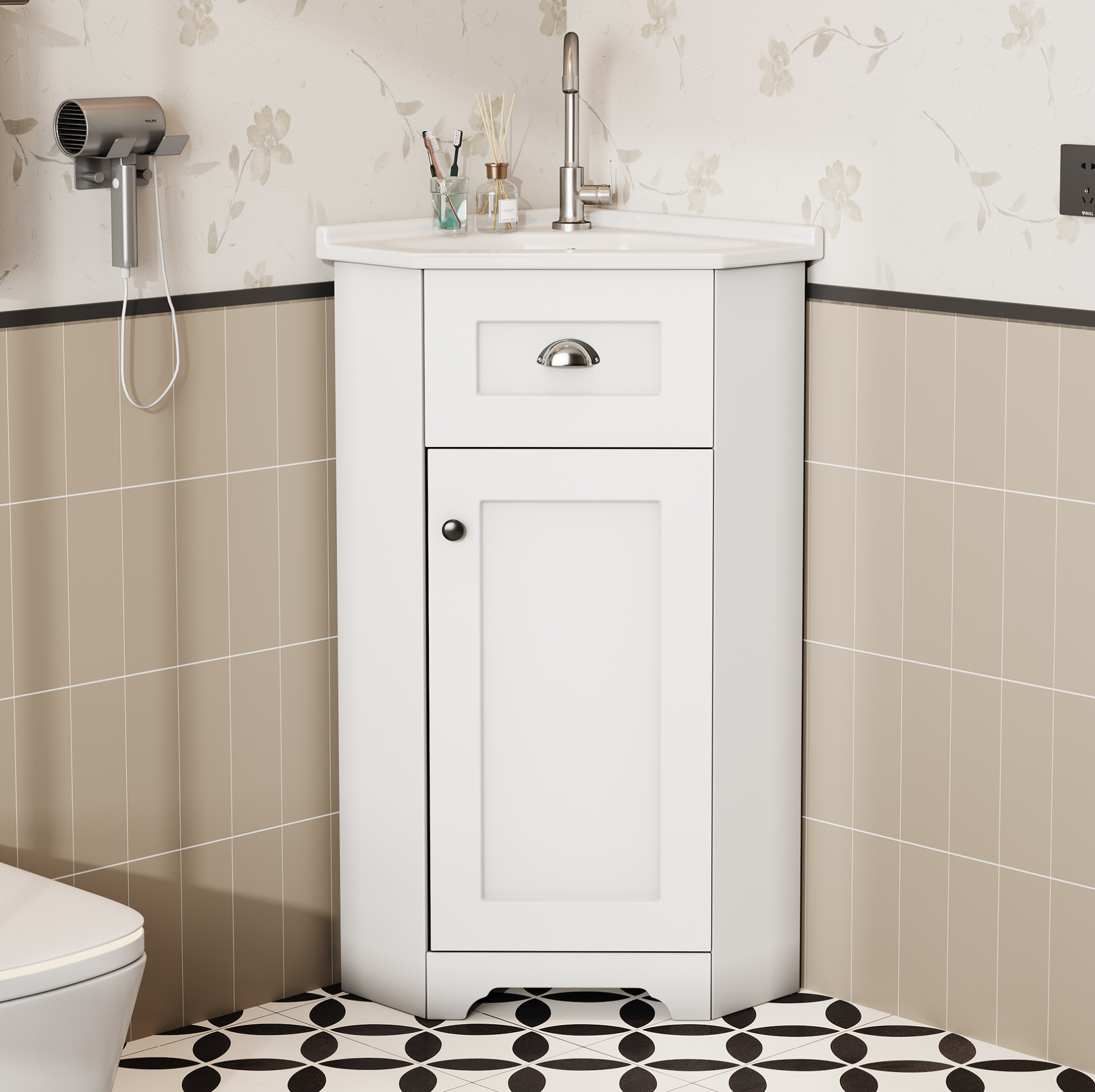 Freistehender Badschrank Mit Keramikwaschbecken, Wasserfestem Mdf, Weiß